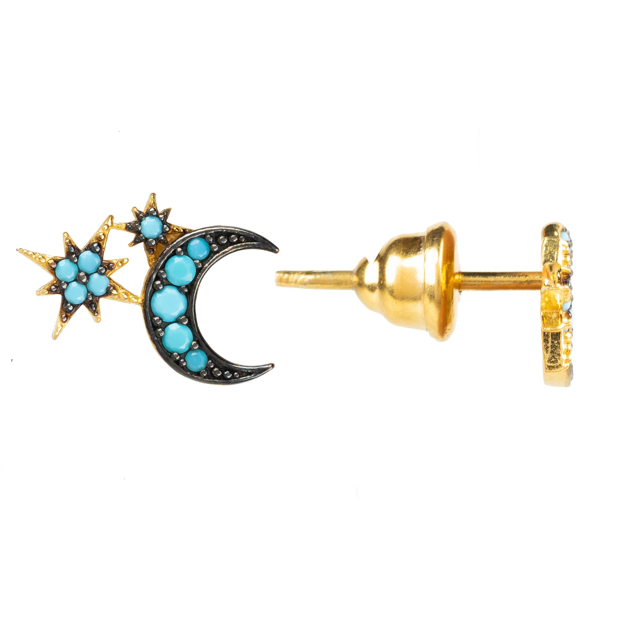 Moon and Starburst Mini Earrings in Turquoise featuring a crescent moon and stars, crafted from sterling silver and adorned with turquoise cubic zirconia.