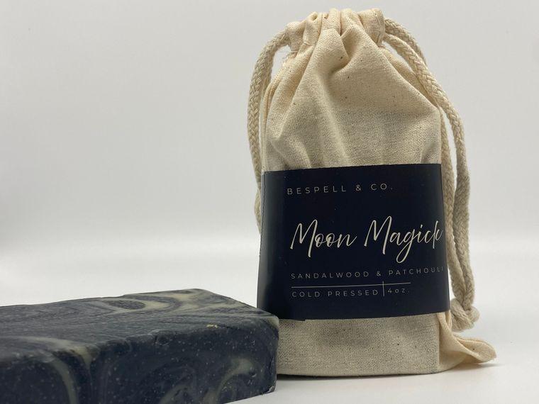 Moon Magick Soap with deep musk and floral notes, featuring activated charcoal and unique handmade design.