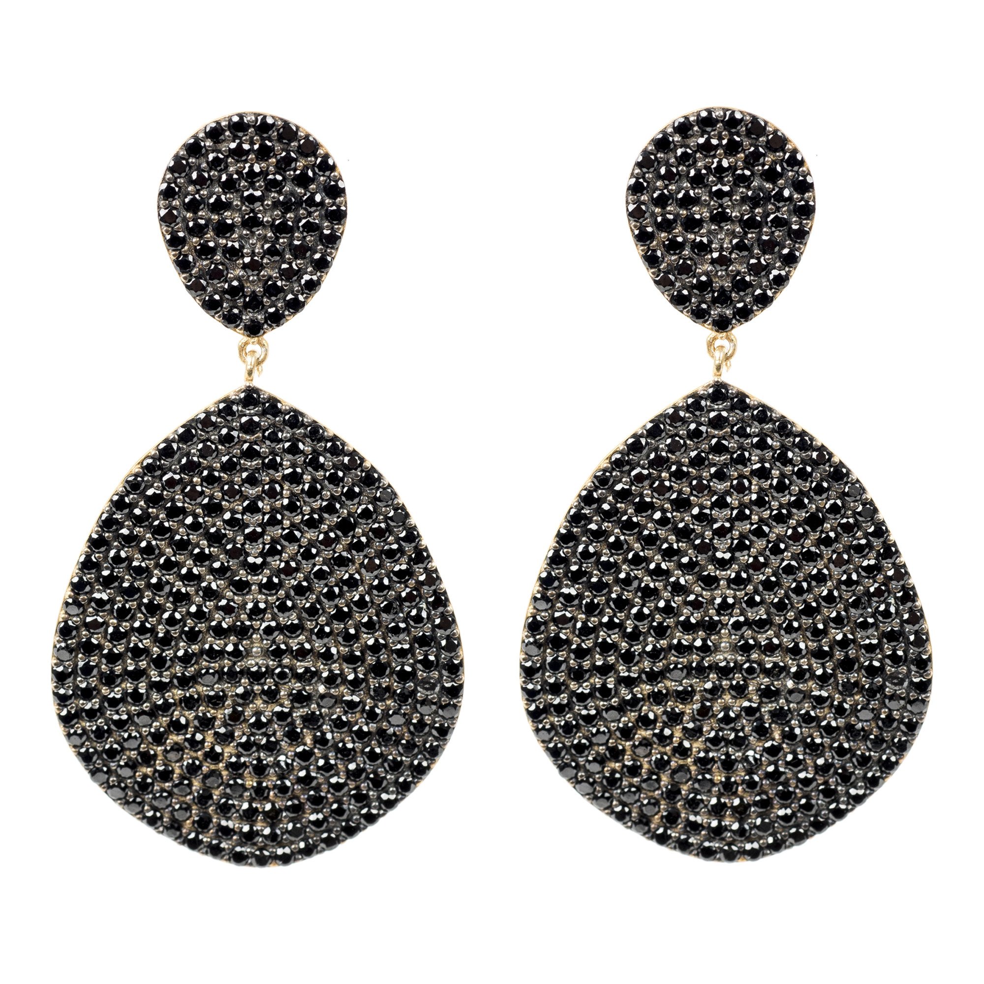 Monte Carlo Earrings featuring gold and black zircon, showcasing elegant design and luxurious materials.