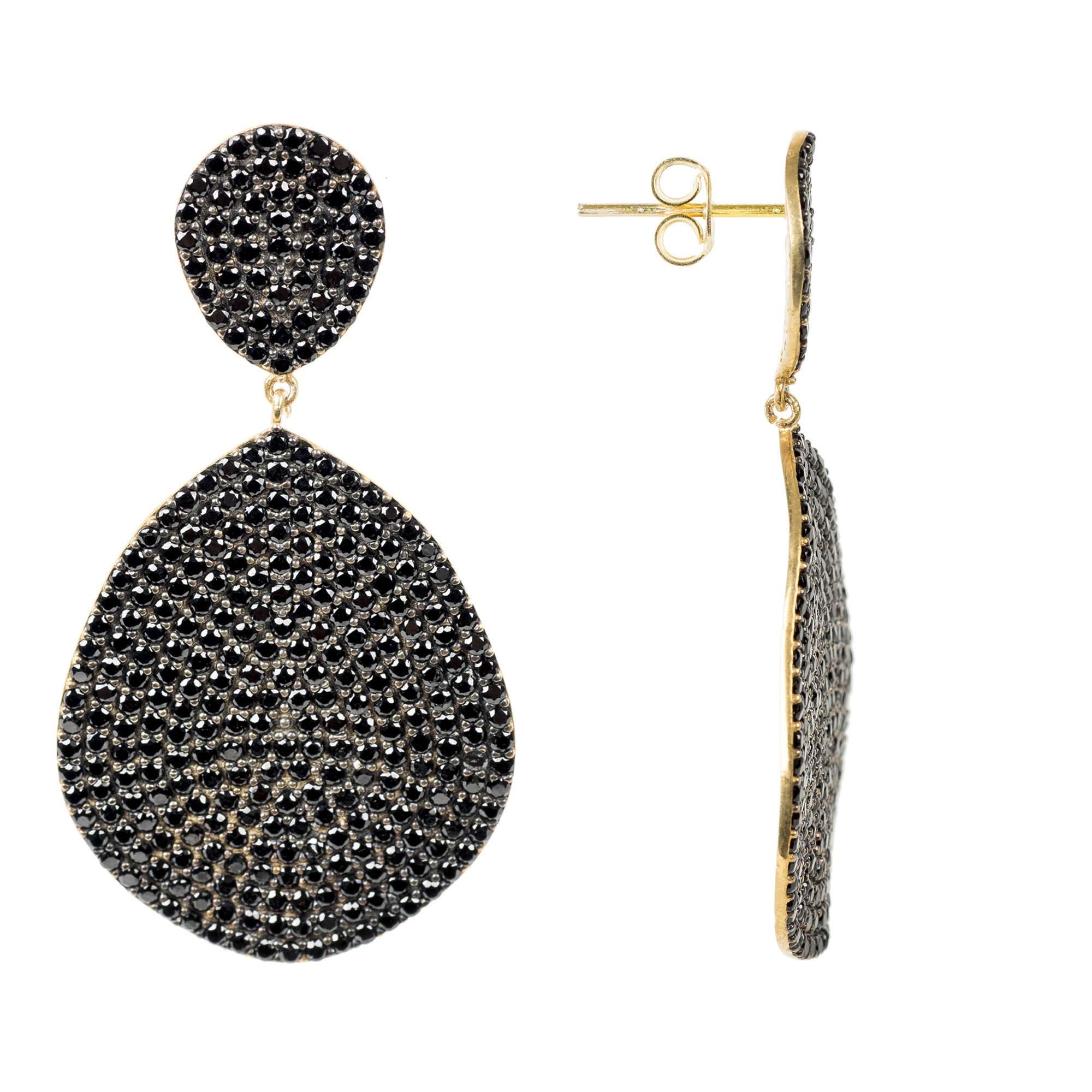 Monte Carlo Earrings featuring gold and black zircon, showcasing elegant design and luxurious materials.