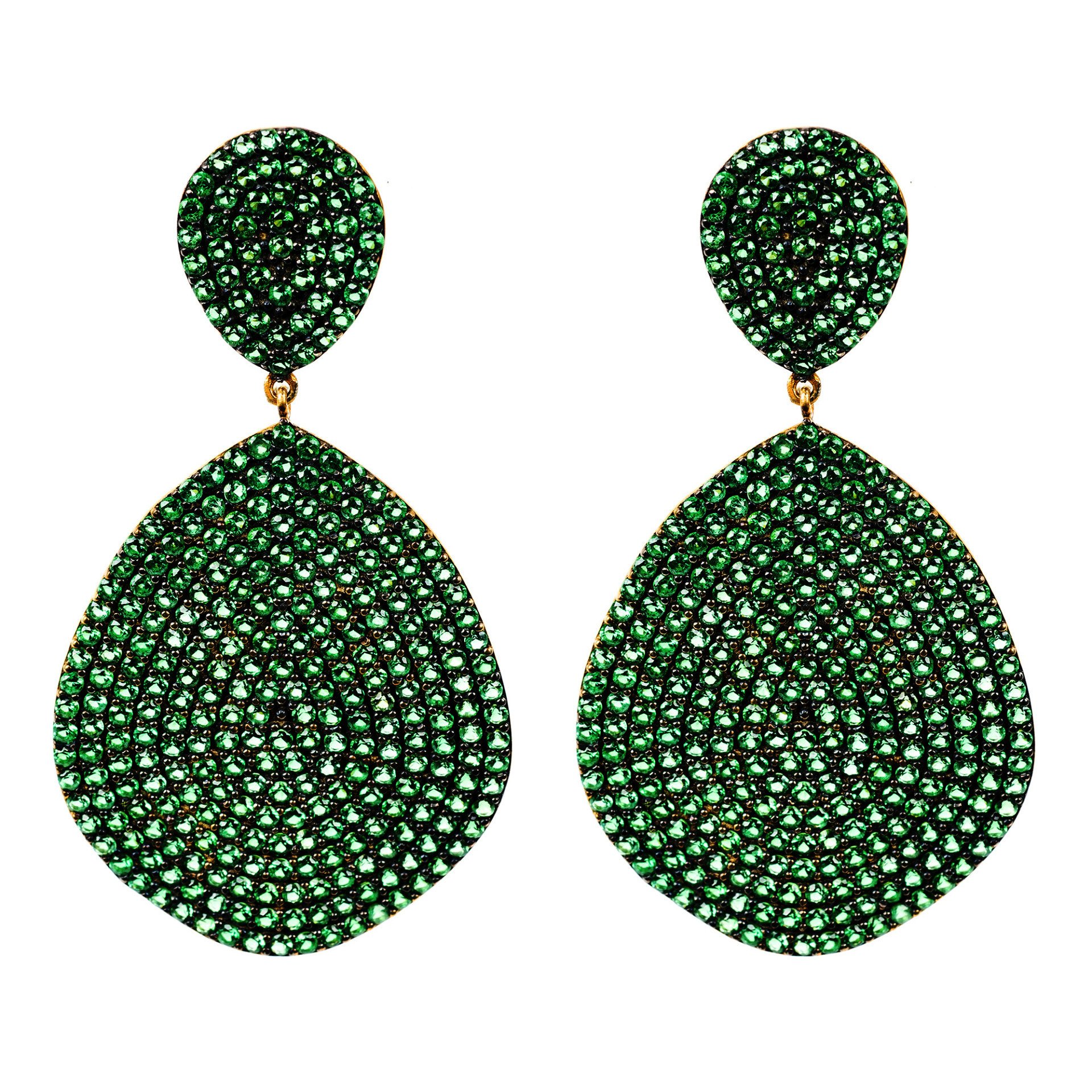 Monte Carlo Earrings featuring gold and emerald zircon, showcasing elegant organic shield design with sparkling details.