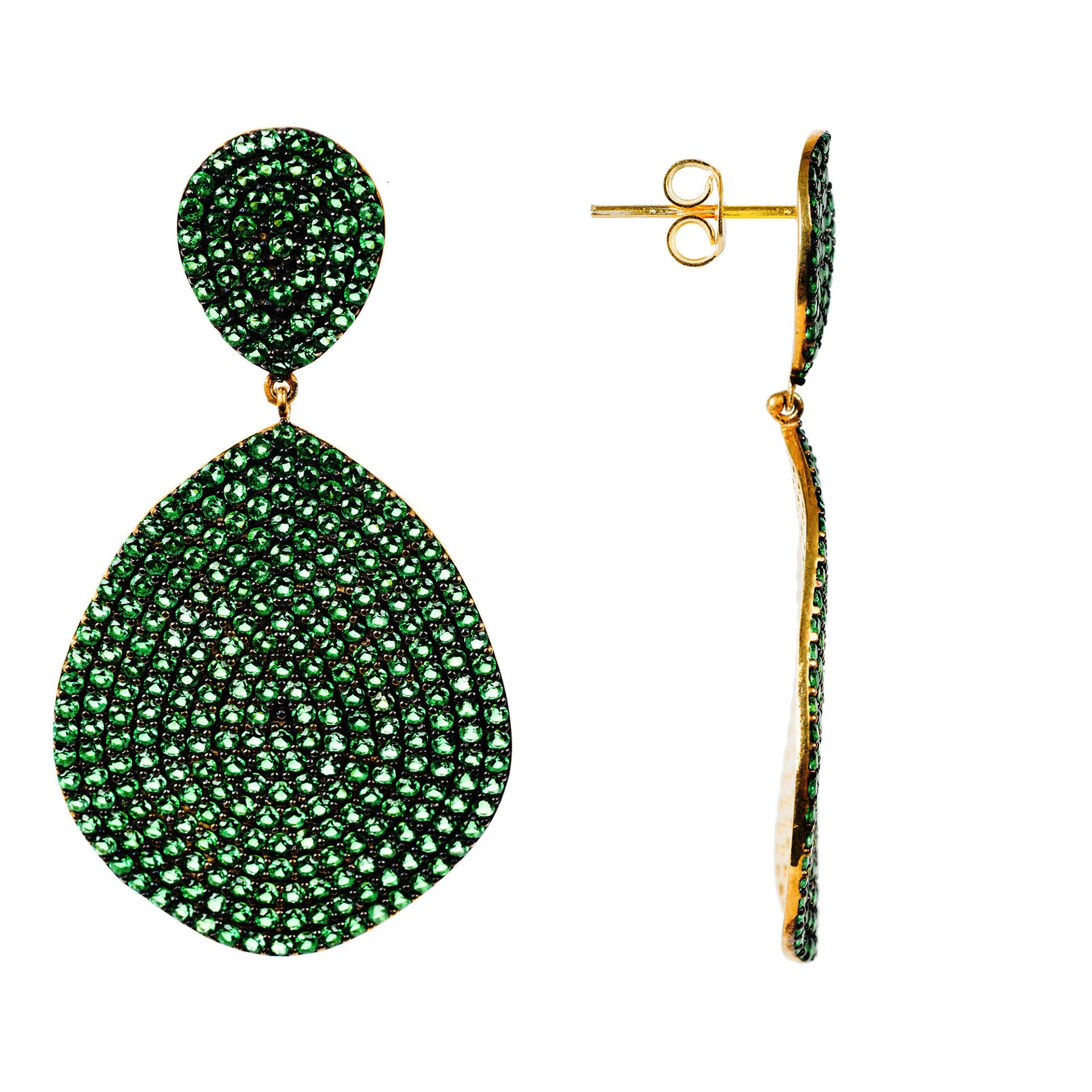 Monte Carlo Earrings featuring gold and emerald zircon, showcasing elegant organic shield design with sparkling details.