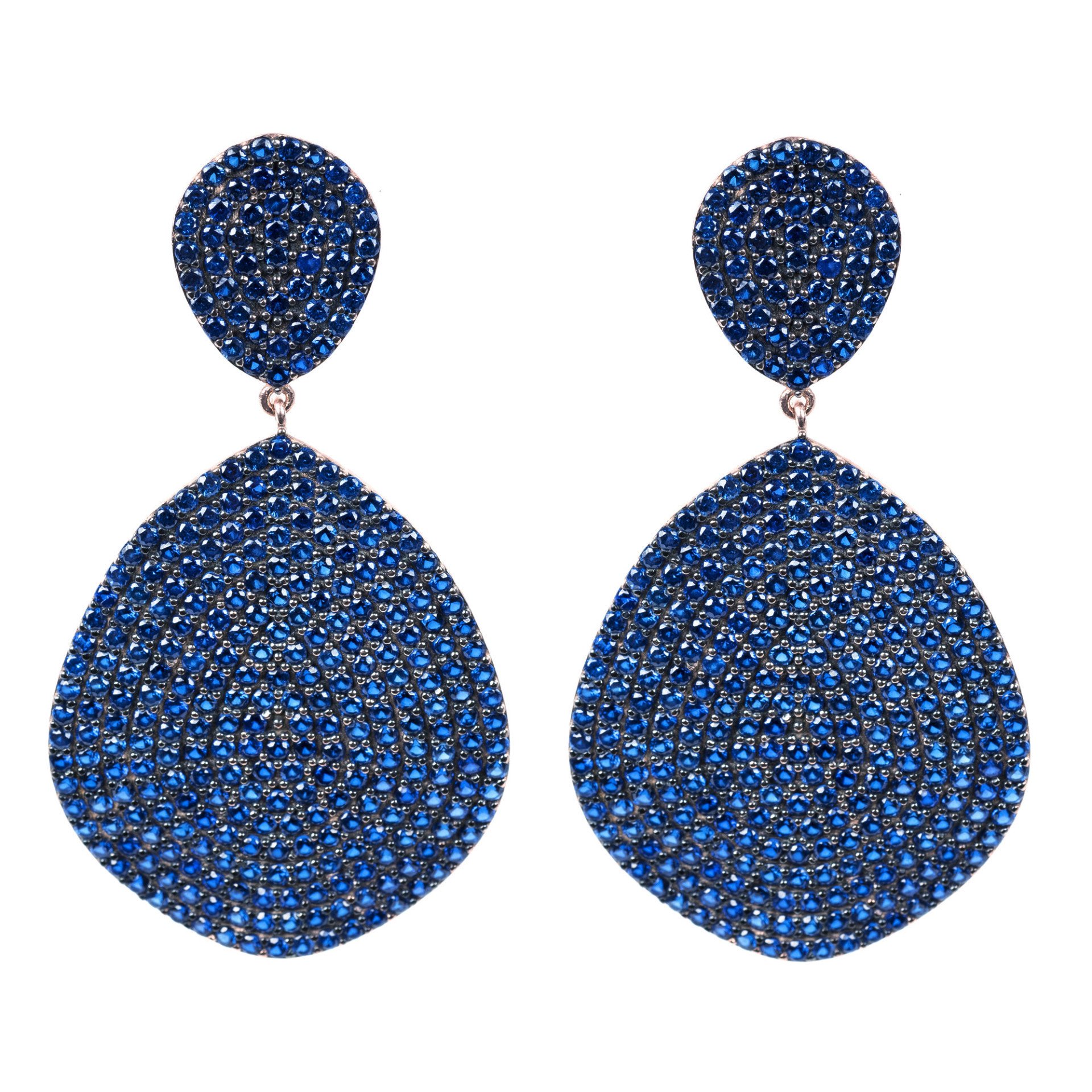 Monte Carlo Earrings featuring gold, sapphire cubic zirconia, and organic shield design, elegantly presented in a black and gold jewellery box.