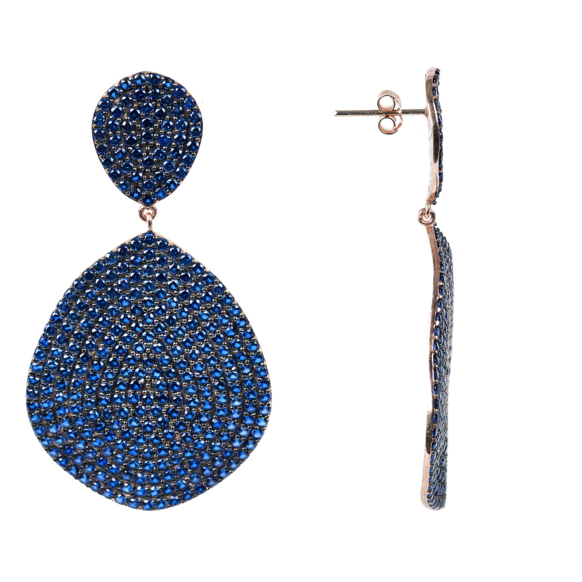 Monte Carlo Earrings featuring gold, sapphire cubic zirconia, and organic shield design, elegantly presented in a black and gold jewellery box.