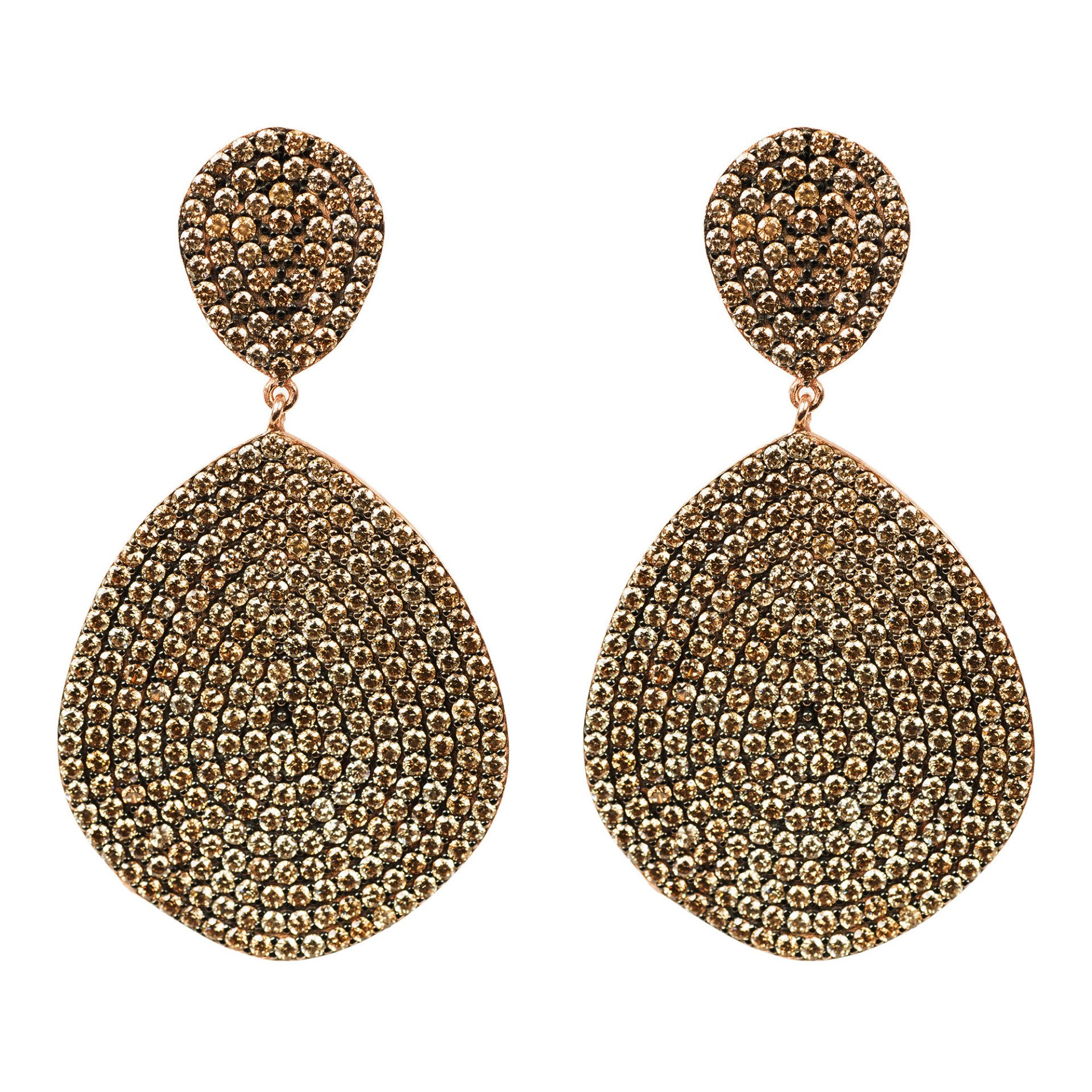 Monte Carlo Earrings in Rosegold Champagne featuring organic shields and sparkling cubic zirconia.