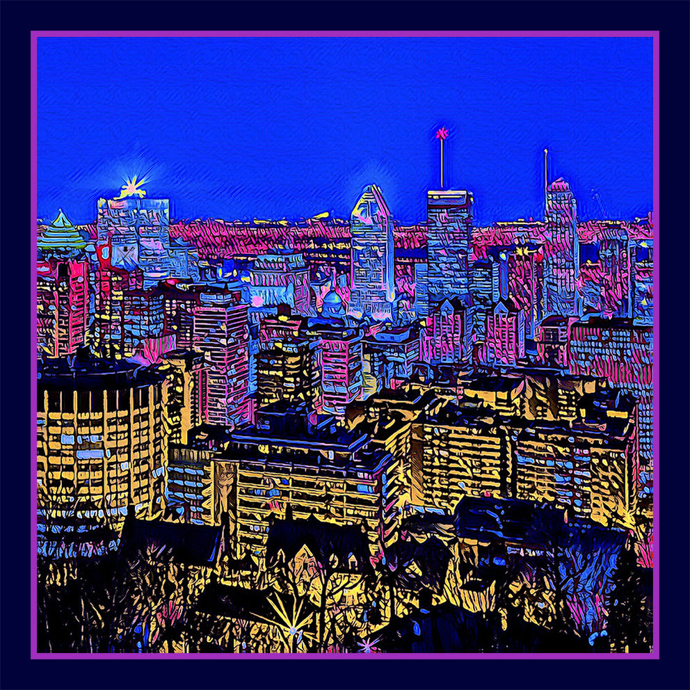 Montreal Skyline Scarf featuring iconic city landmarks in vibrant colors, elegantly draped on a neutral background.