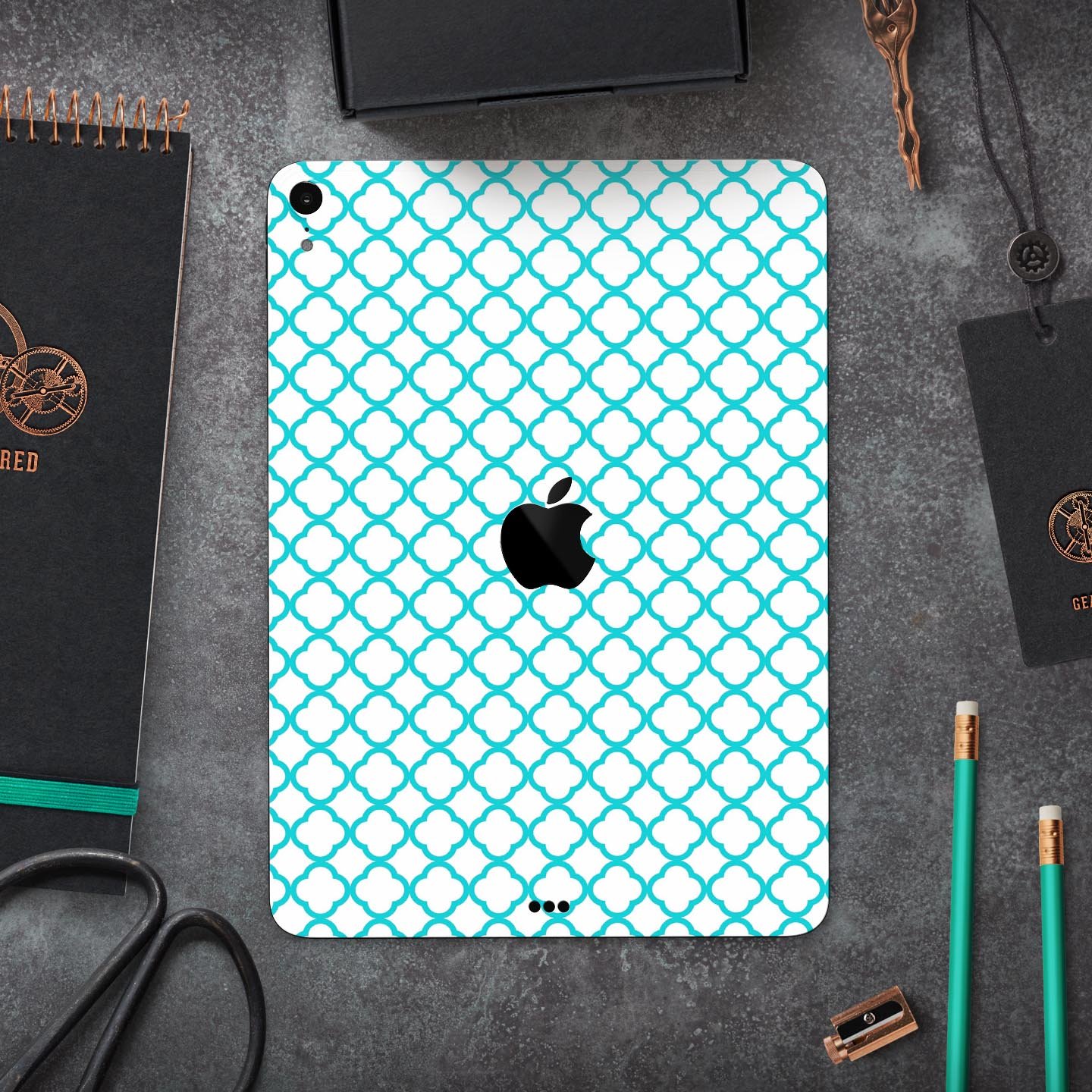 Moracan Teal on White Full Body Skin Decal for Apple iPad Pro, showcasing intricate design and premium quality.