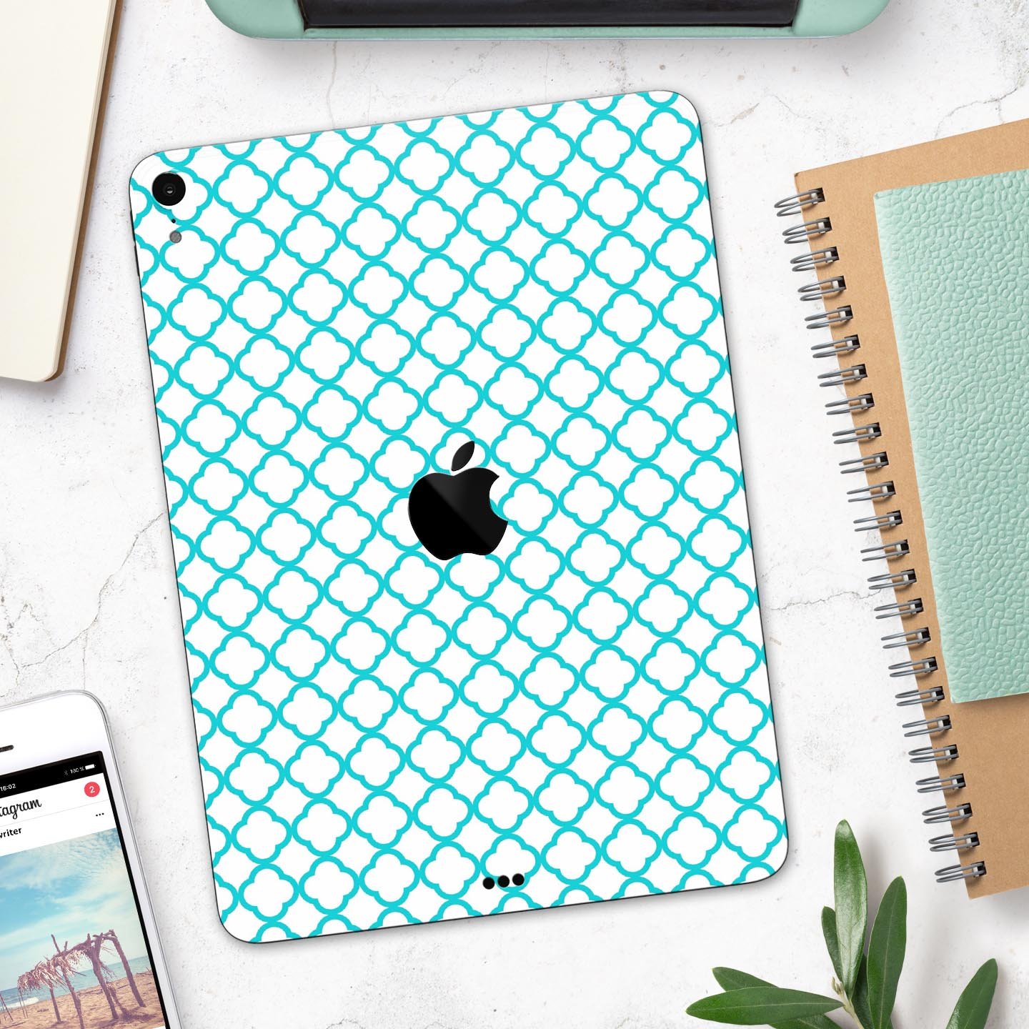 Moracan Teal on White Full Body Skin Decal for Apple iPad Pro, showcasing intricate design and premium quality.