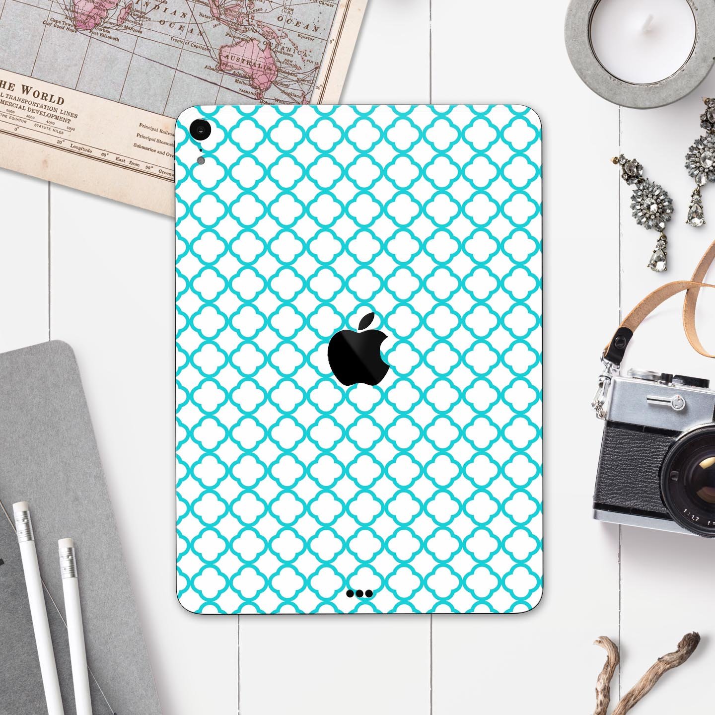 Moracan Teal on White Full Body Skin Decal for Apple iPad Pro, showcasing intricate design and premium quality.