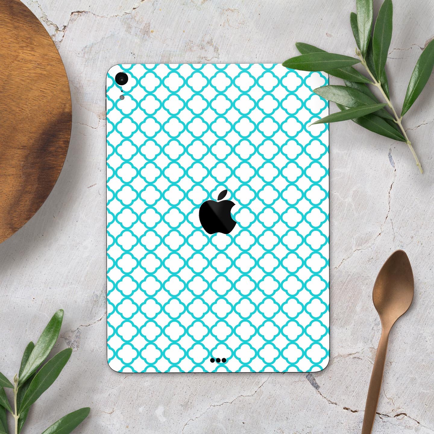 Moracan Teal on White Full Body Skin Decal for Apple iPad Pro, showcasing intricate design and premium quality.