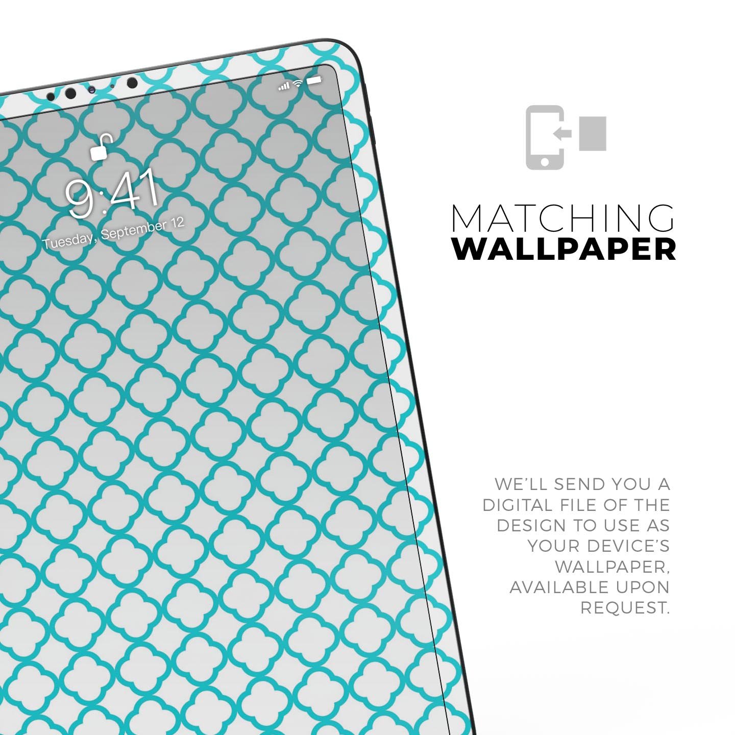 Moracan Teal on White Full Body Skin Decal for Apple iPad Pro, showcasing intricate design and premium quality.