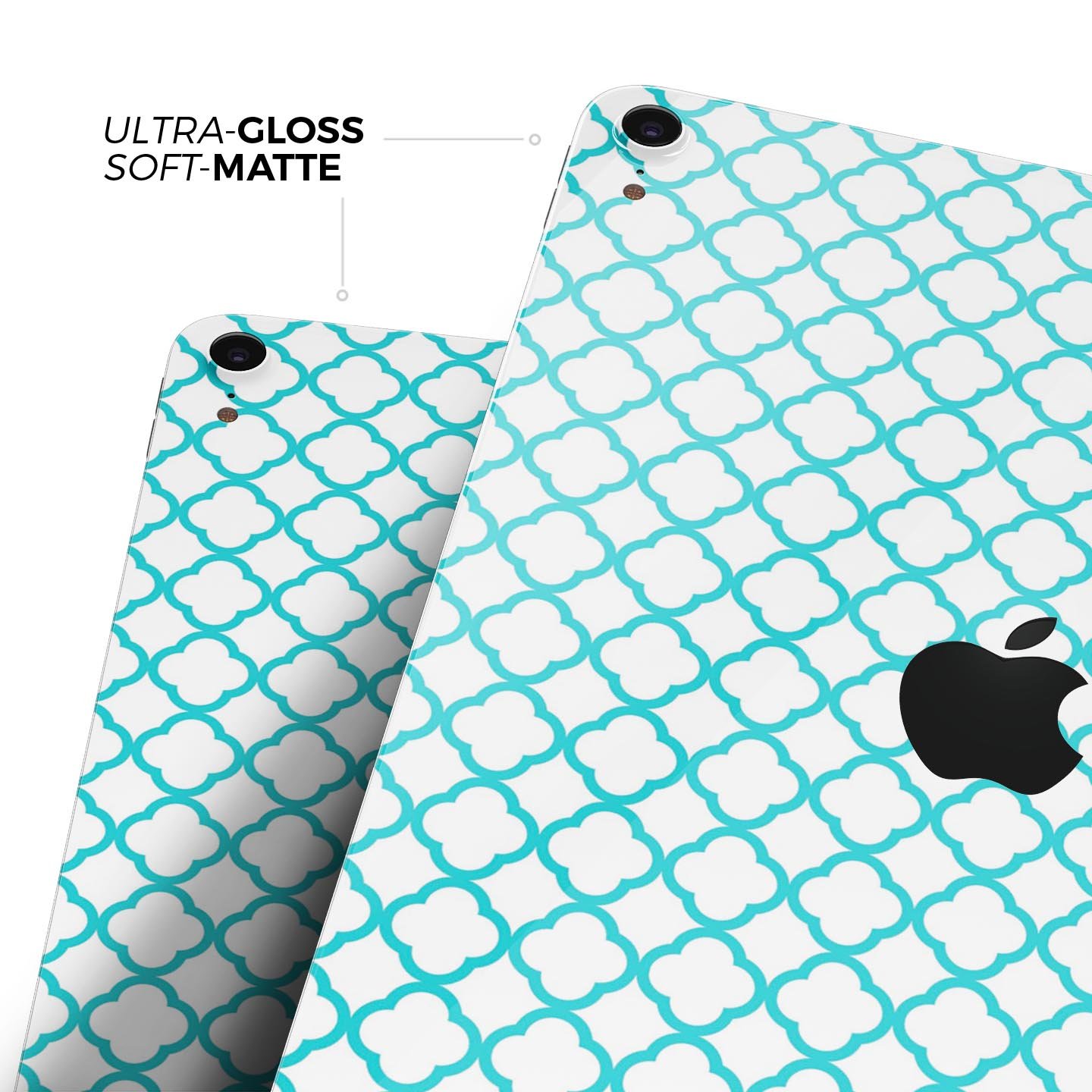 Moracan Teal on White Full Body Skin Decal for Apple iPad Pro, showcasing intricate design and premium quality.