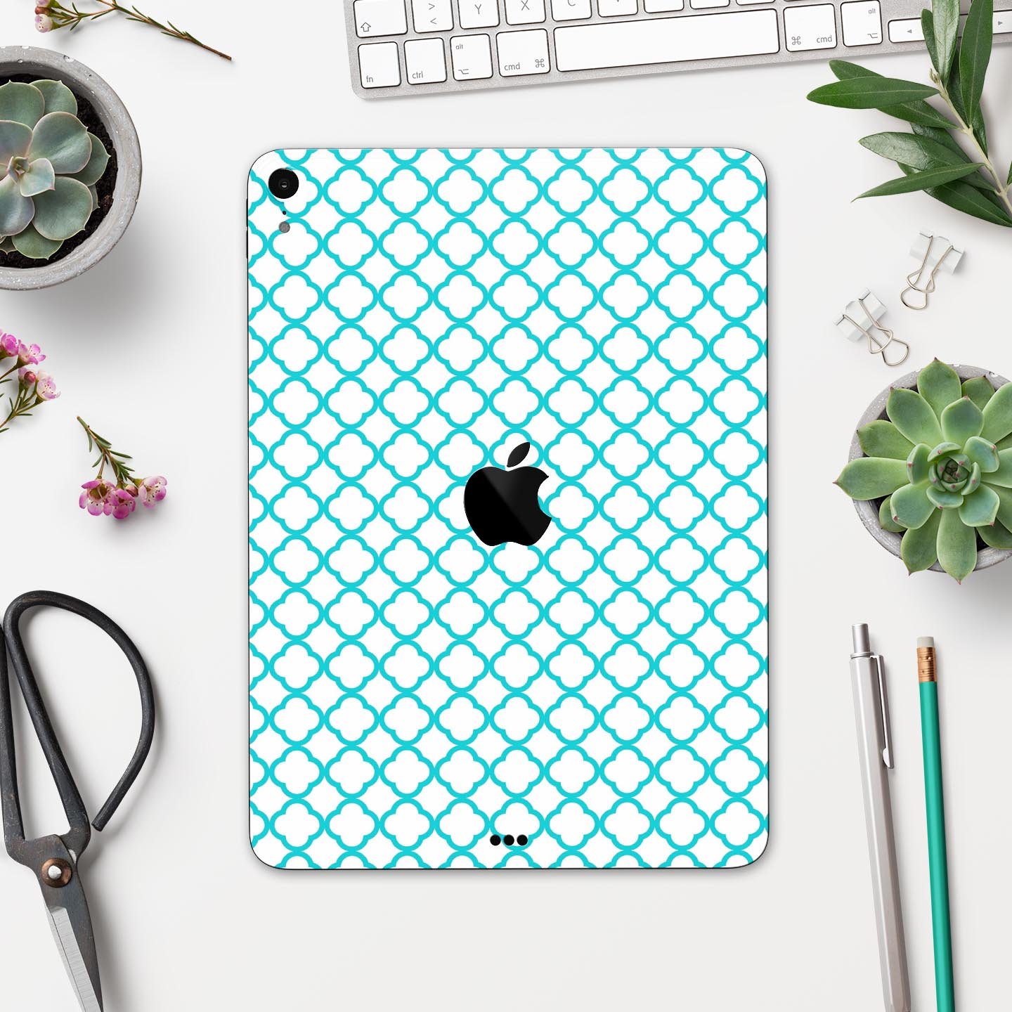 Moracan Teal on White Full Body Skin Decal for Apple iPad Pro, showcasing intricate design and premium quality.