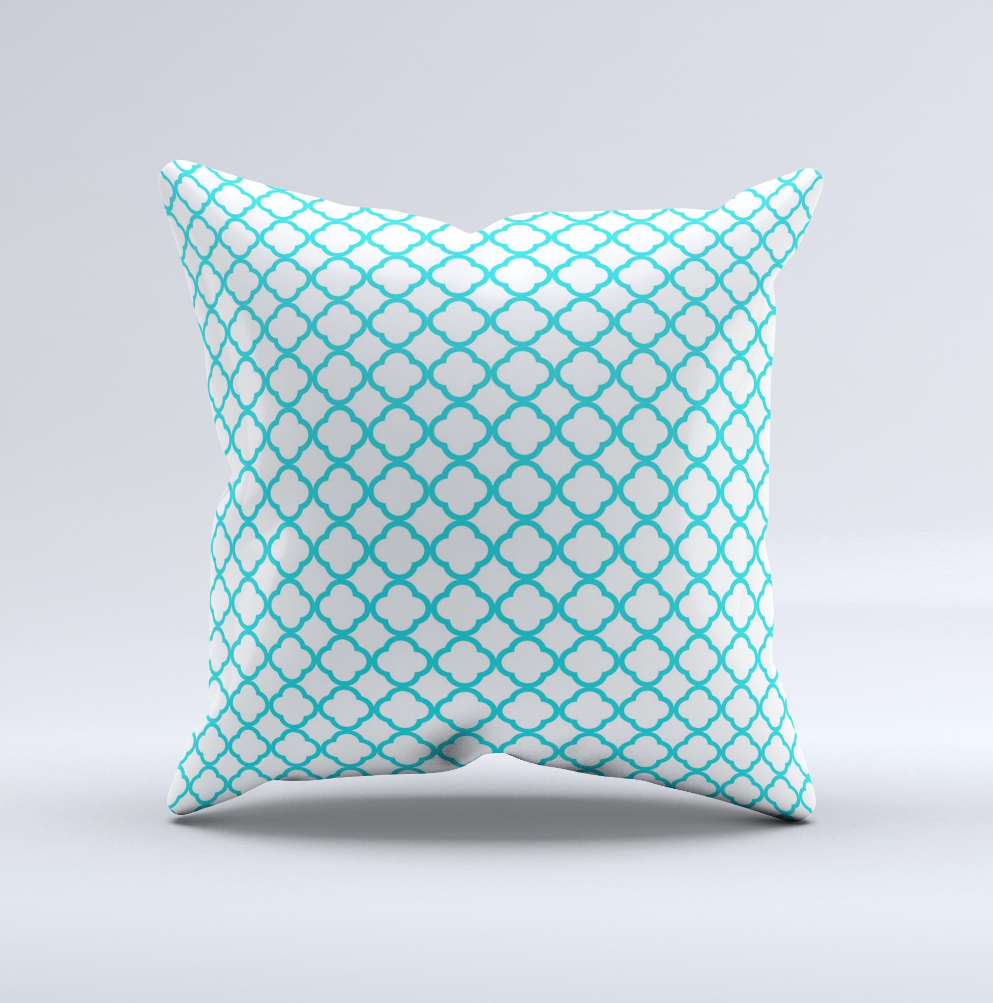 Moroccan teal decorative throw pillow with white ink design, handcrafted in Virginia, showcasing unique imperfections.