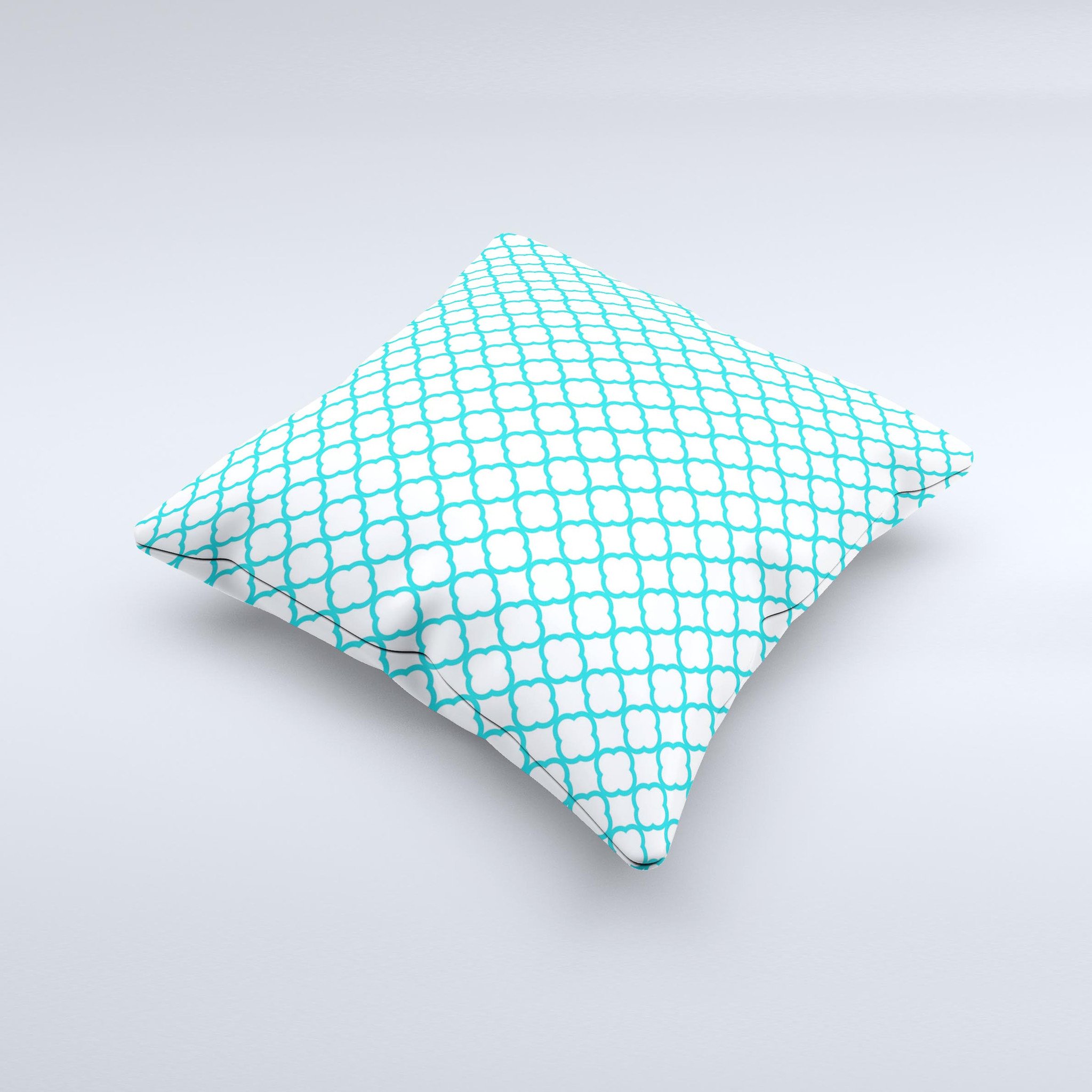 Moroccan teal decorative throw pillow with white ink design, handcrafted in Virginia, showcasing unique imperfections.