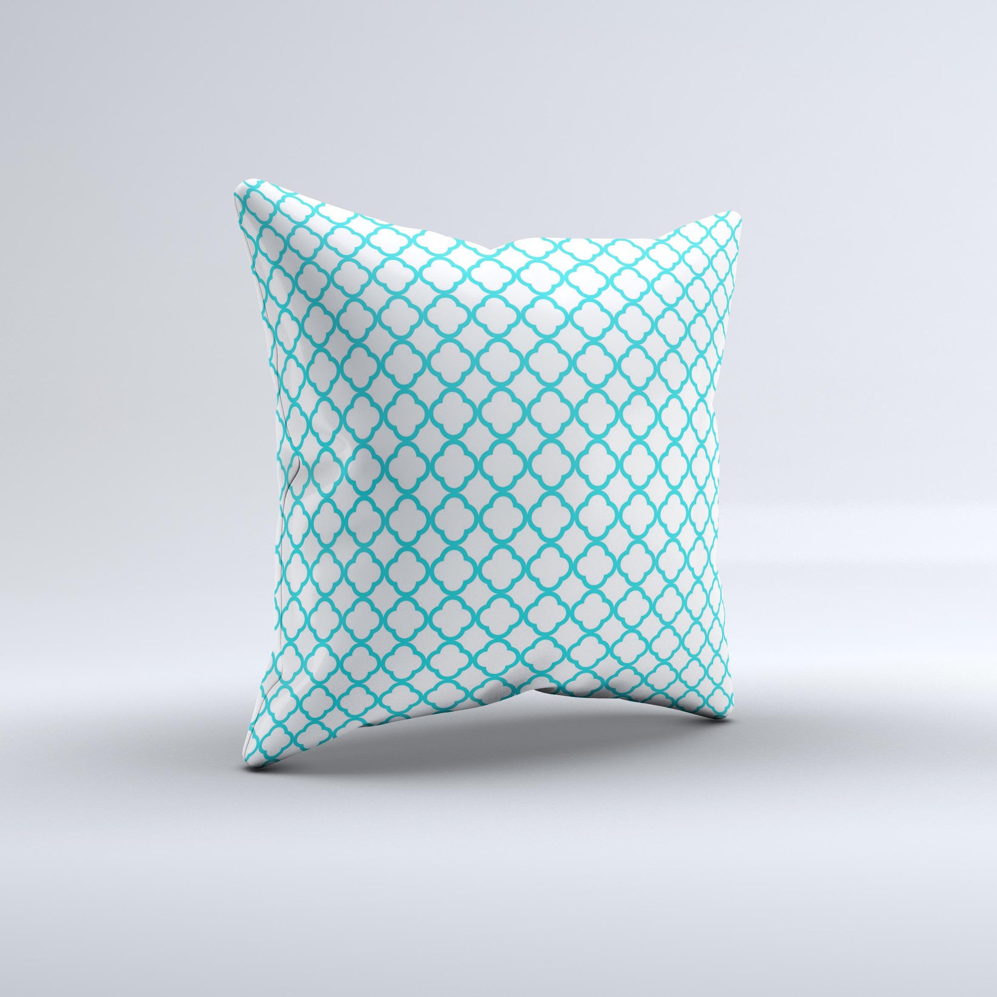 Moroccan teal decorative throw pillow with white ink design, handcrafted in Virginia, showcasing unique imperfections.