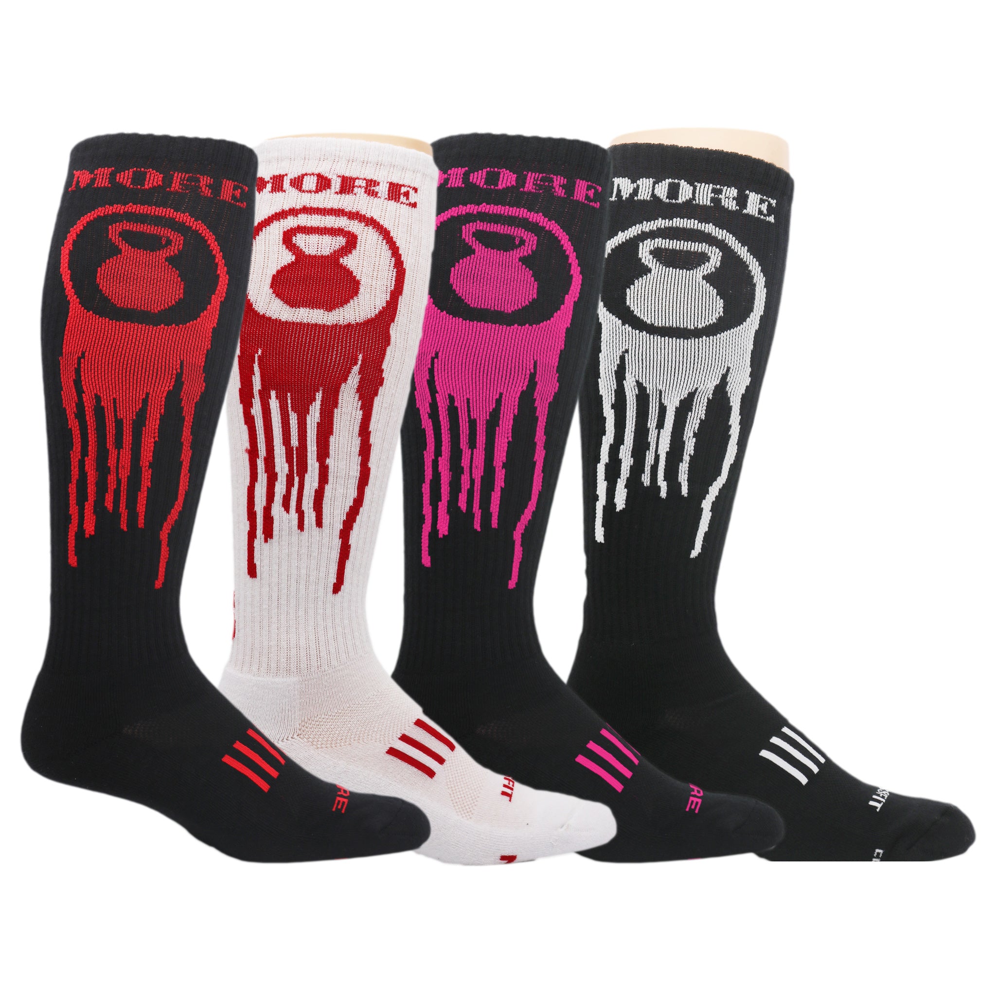 More Kettlebell Knee High Socks in Black/Pink, Black/Red, and White/Red, showcasing their stylish design and knee-high length.