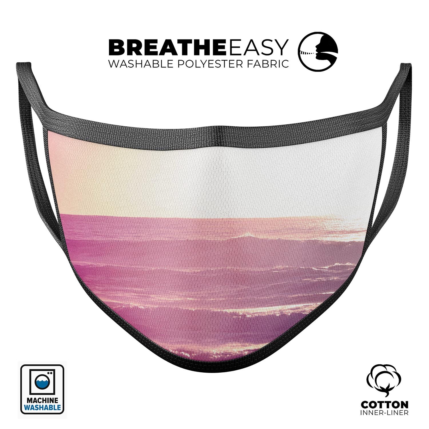 Morning Beach Paradise mouth cover, a unisex anti-dust mask made in the USA, featuring vibrant dye-sublimated designs and adjustable ear-loop bands.