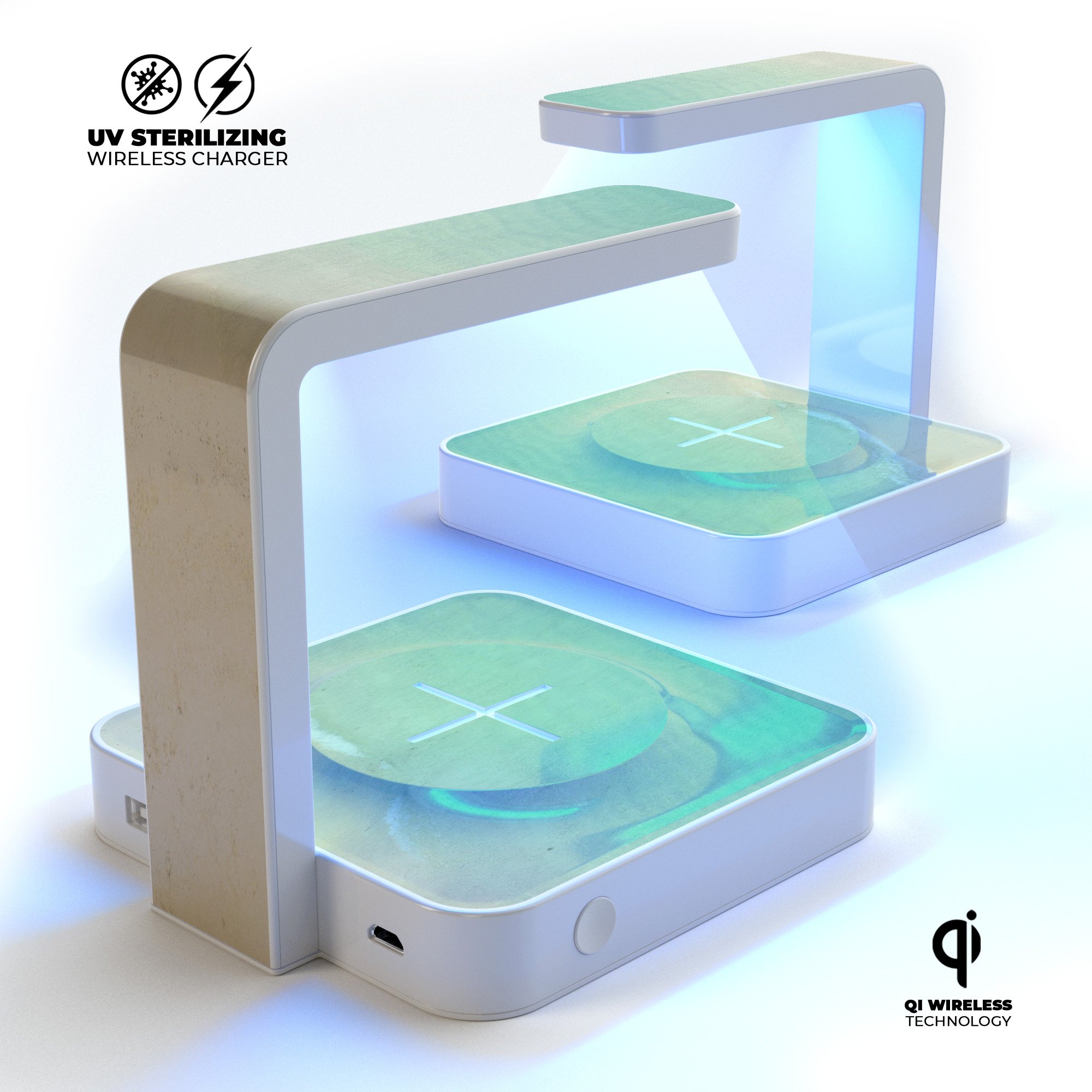 Morning Beach UV Germicidal Sanitizing Wireless Charger with phone on top, showcasing its sleek design and sterilizing lamp.