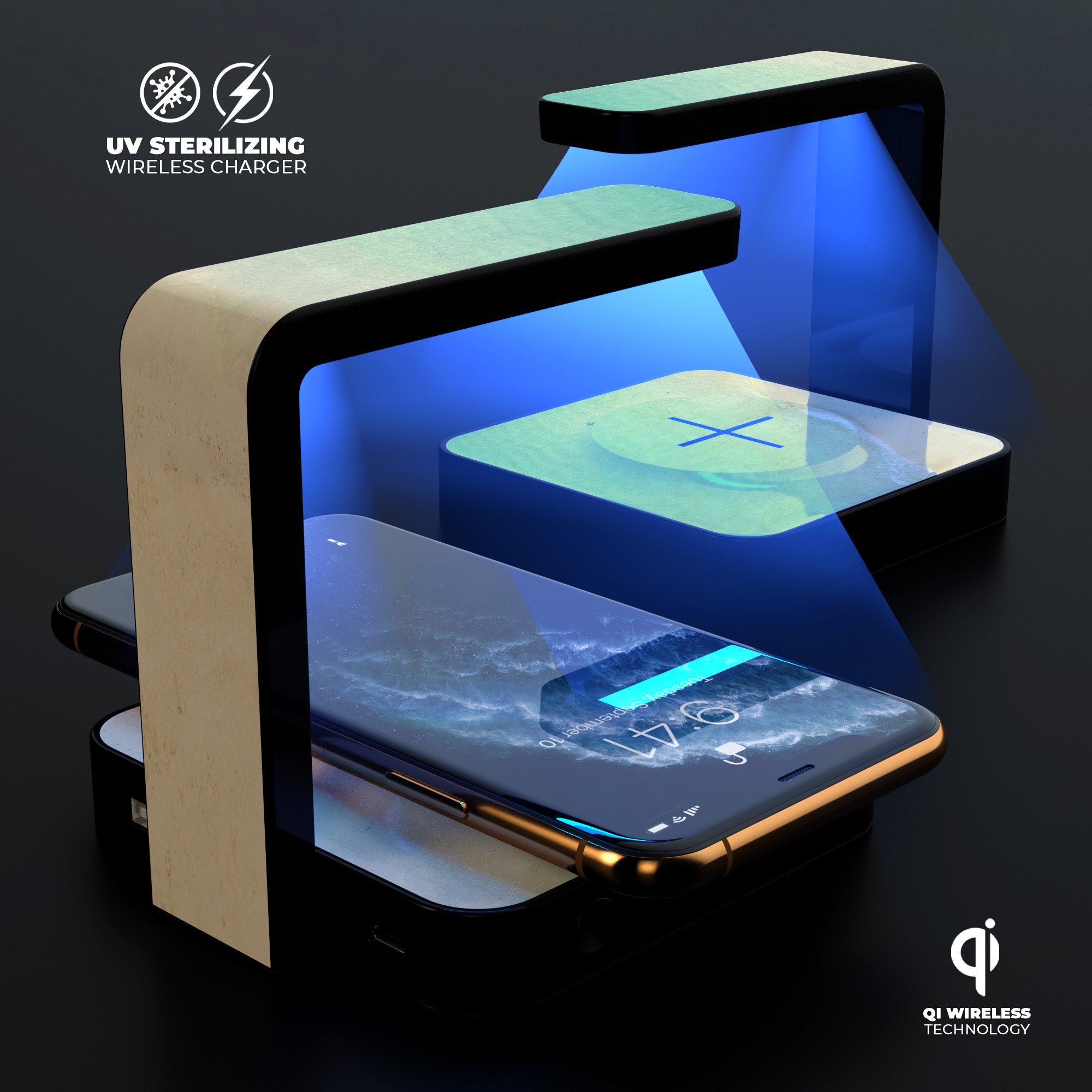 Morning Beach UV Germicidal Sanitizing Wireless Charger with phone on top, showcasing its sleek design and sterilizing lamp.