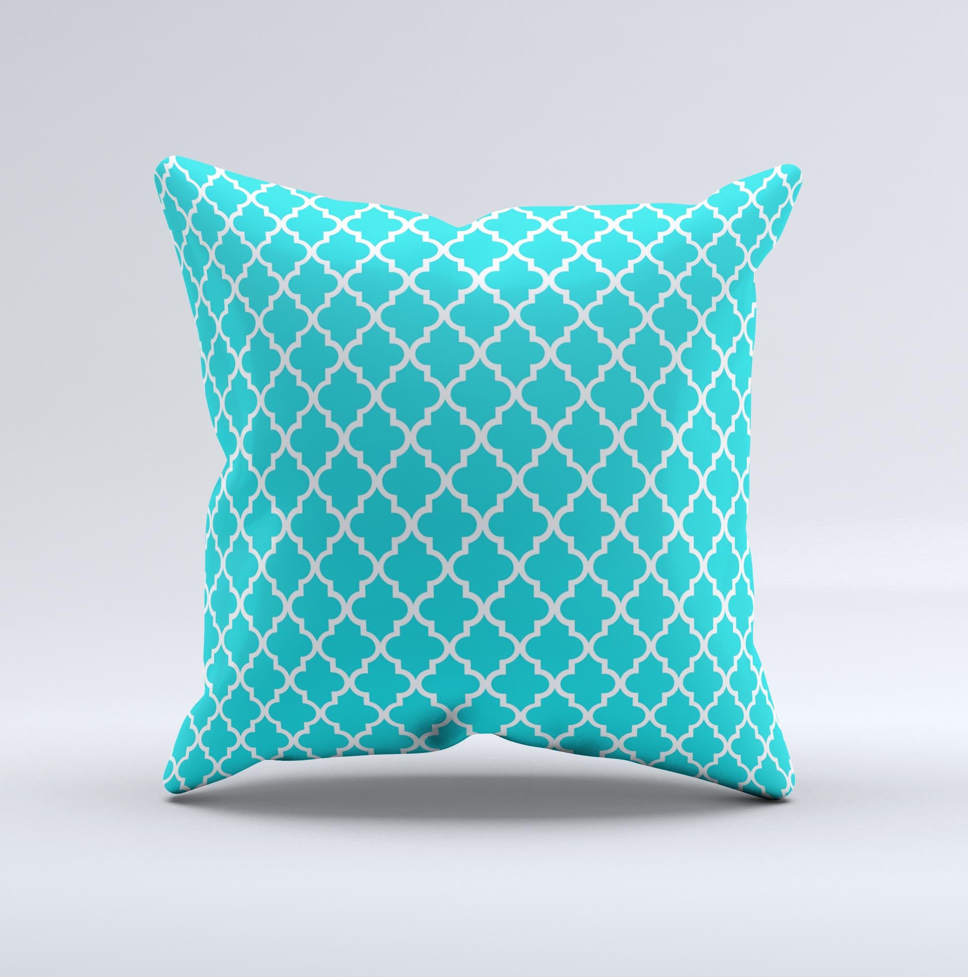 Moroccan teal pattern decorative throw pillow with intricate design, handcrafted in Virginia, showcasing vibrant colors and high-quality fabric.