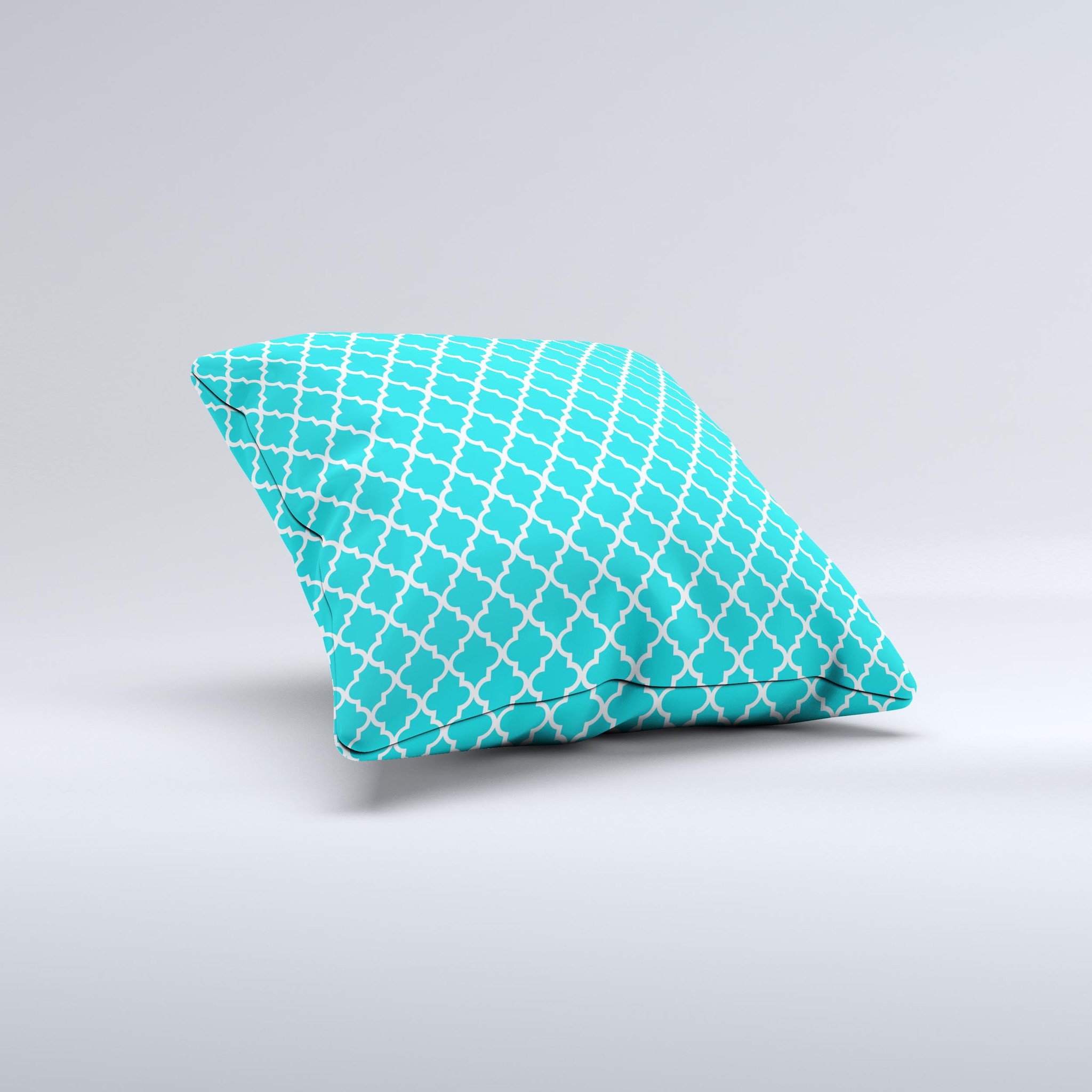 Moroccan teal pattern decorative throw pillow with intricate design, handcrafted in Virginia, showcasing vibrant colors and high-quality fabric.