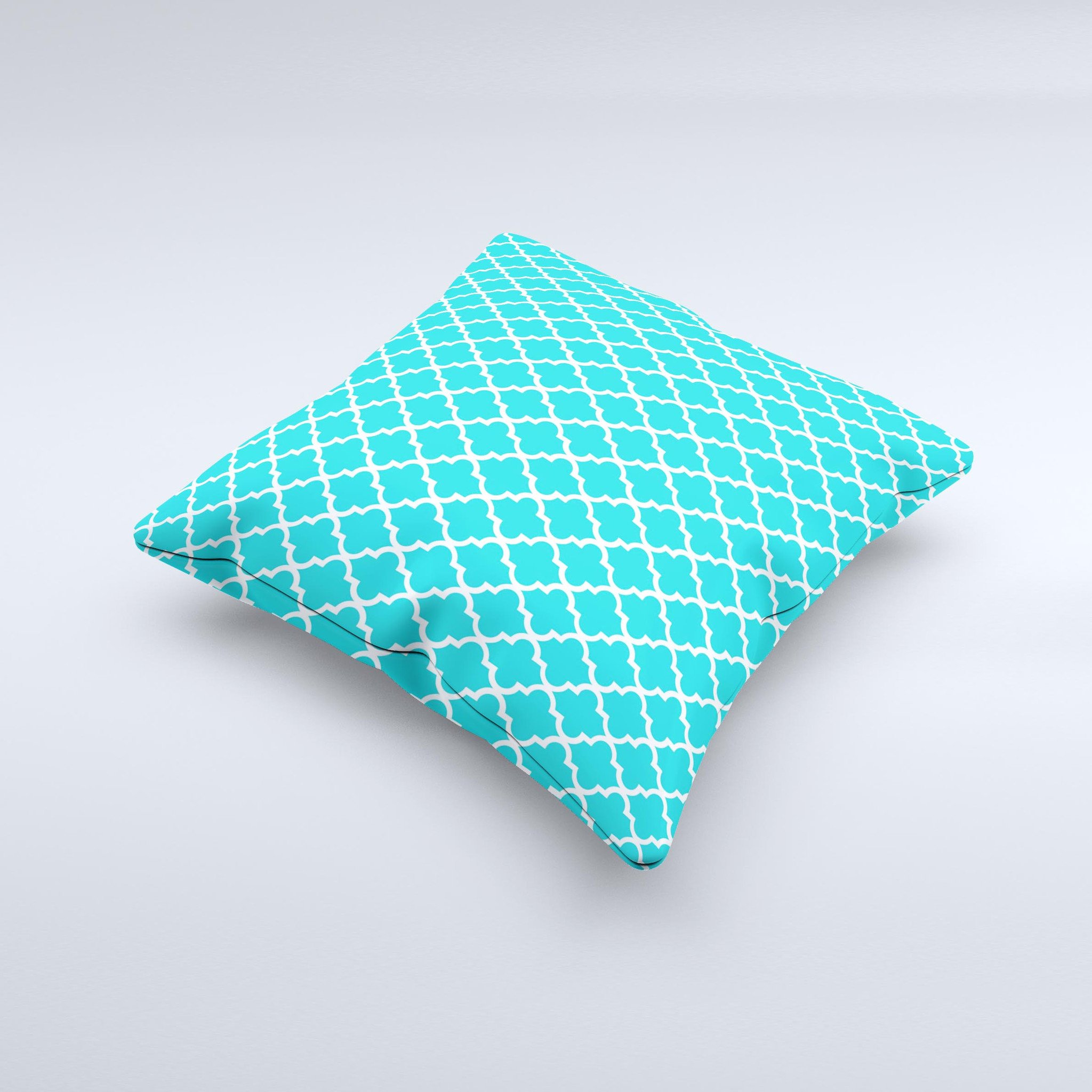 Moroccan teal pattern decorative throw pillow with intricate design, handcrafted in Virginia, showcasing vibrant colors and high-quality fabric.