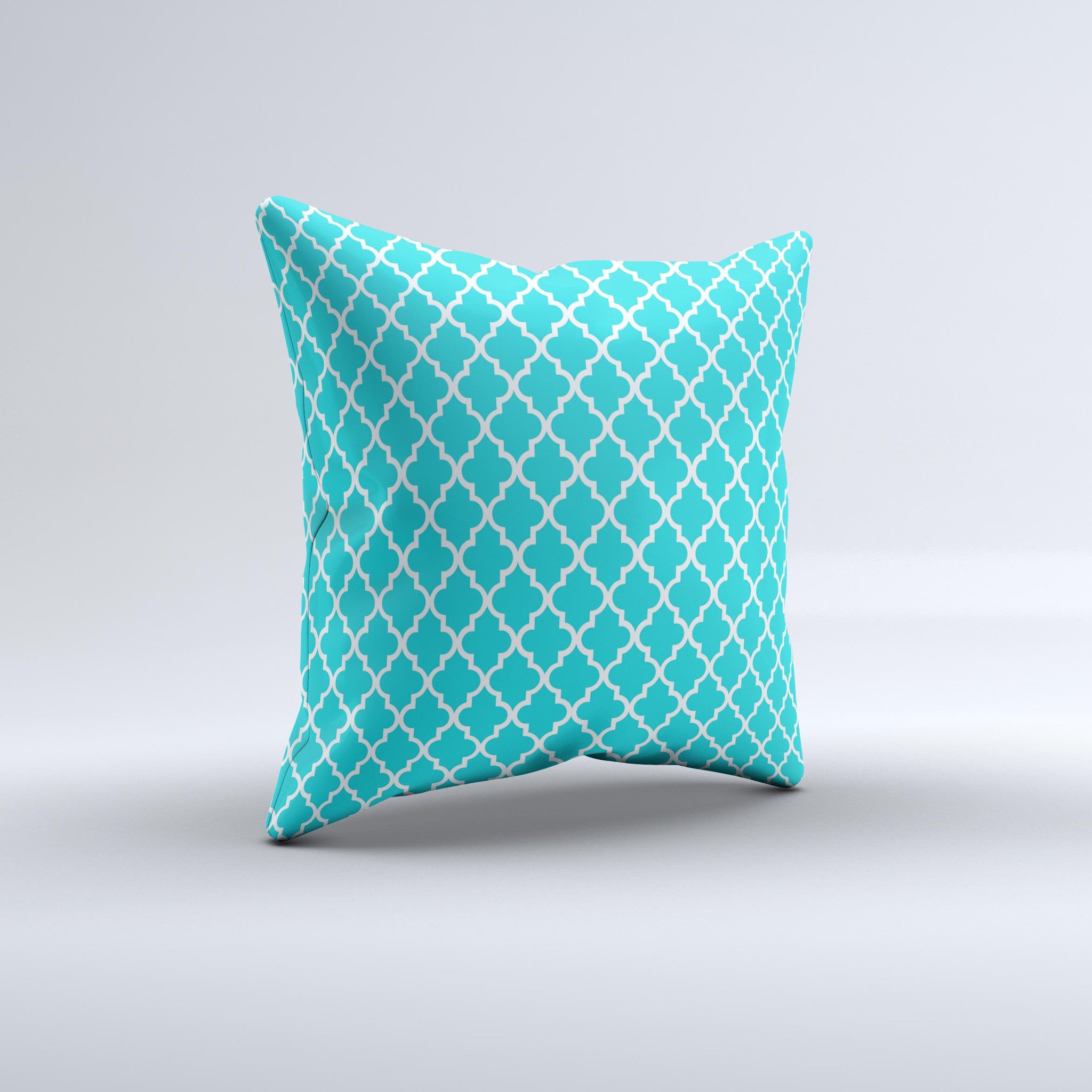 Moroccan teal pattern decorative throw pillow with intricate design, handcrafted in Virginia, showcasing vibrant colors and high-quality fabric.