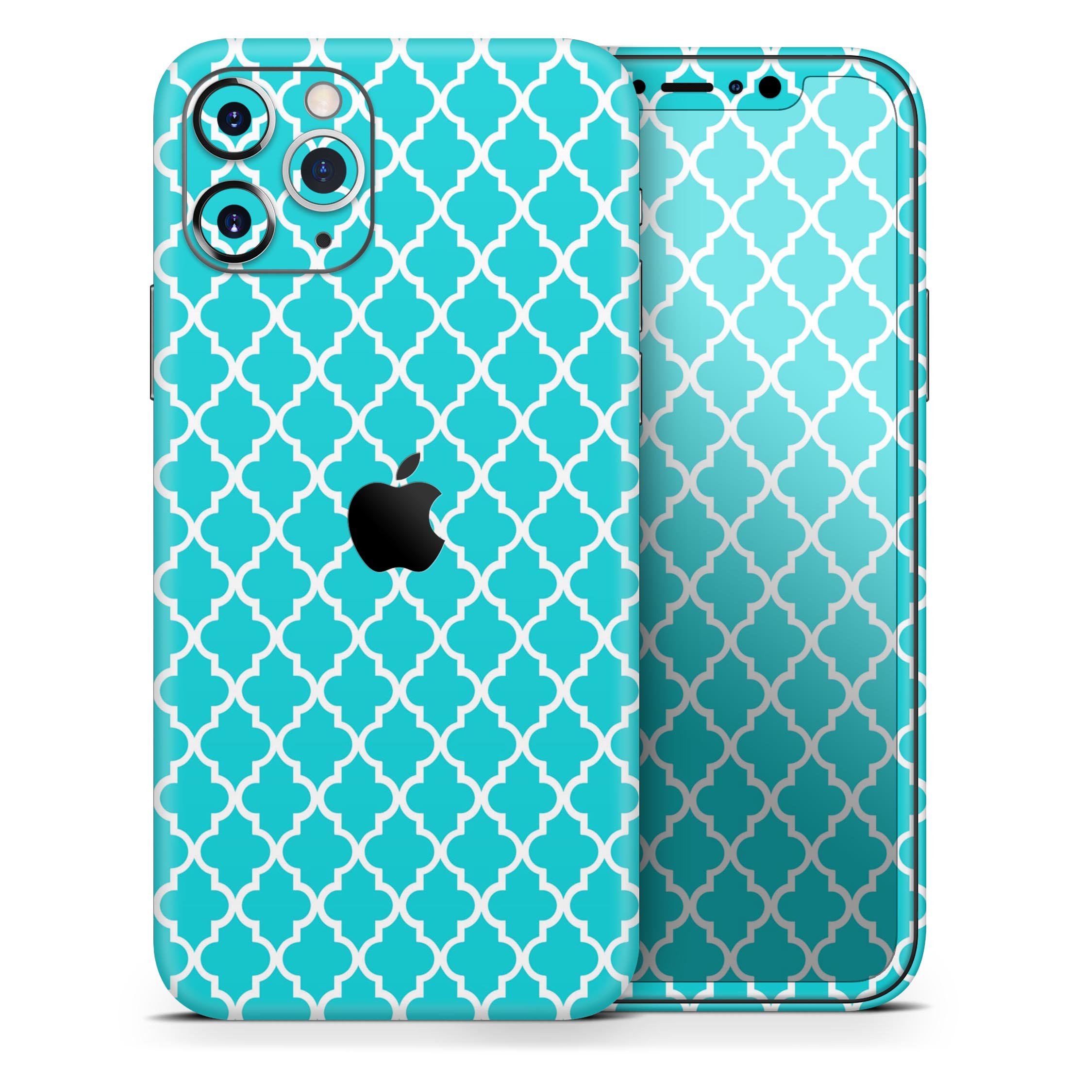 Moroccan Teal Pattern Skin-Kit for Apple iPhone 14, showcasing vibrant design and premium vinyl material.