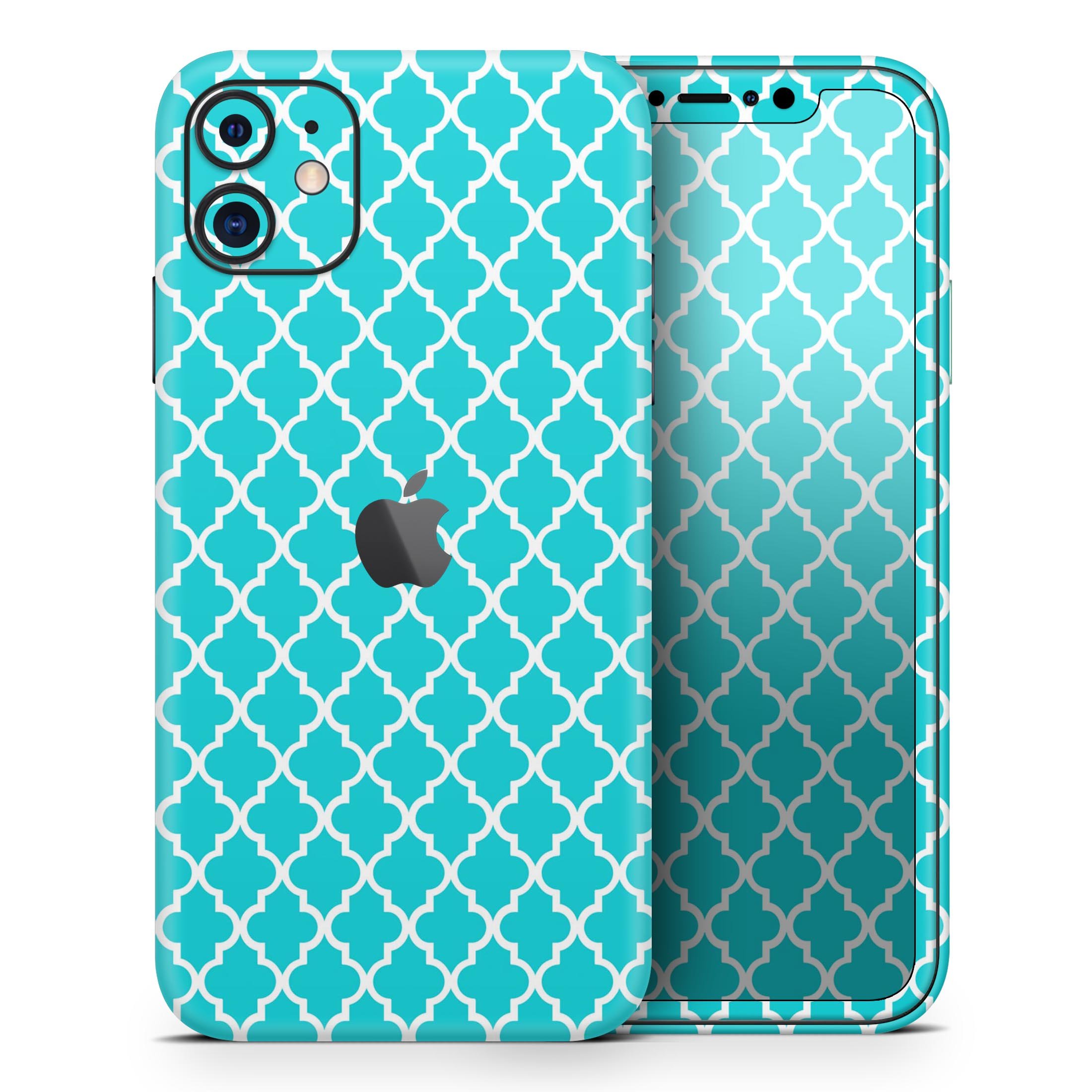 Moroccan Teal Pattern Skin-Kit for Apple iPhone 14, showcasing vibrant design and premium vinyl material.