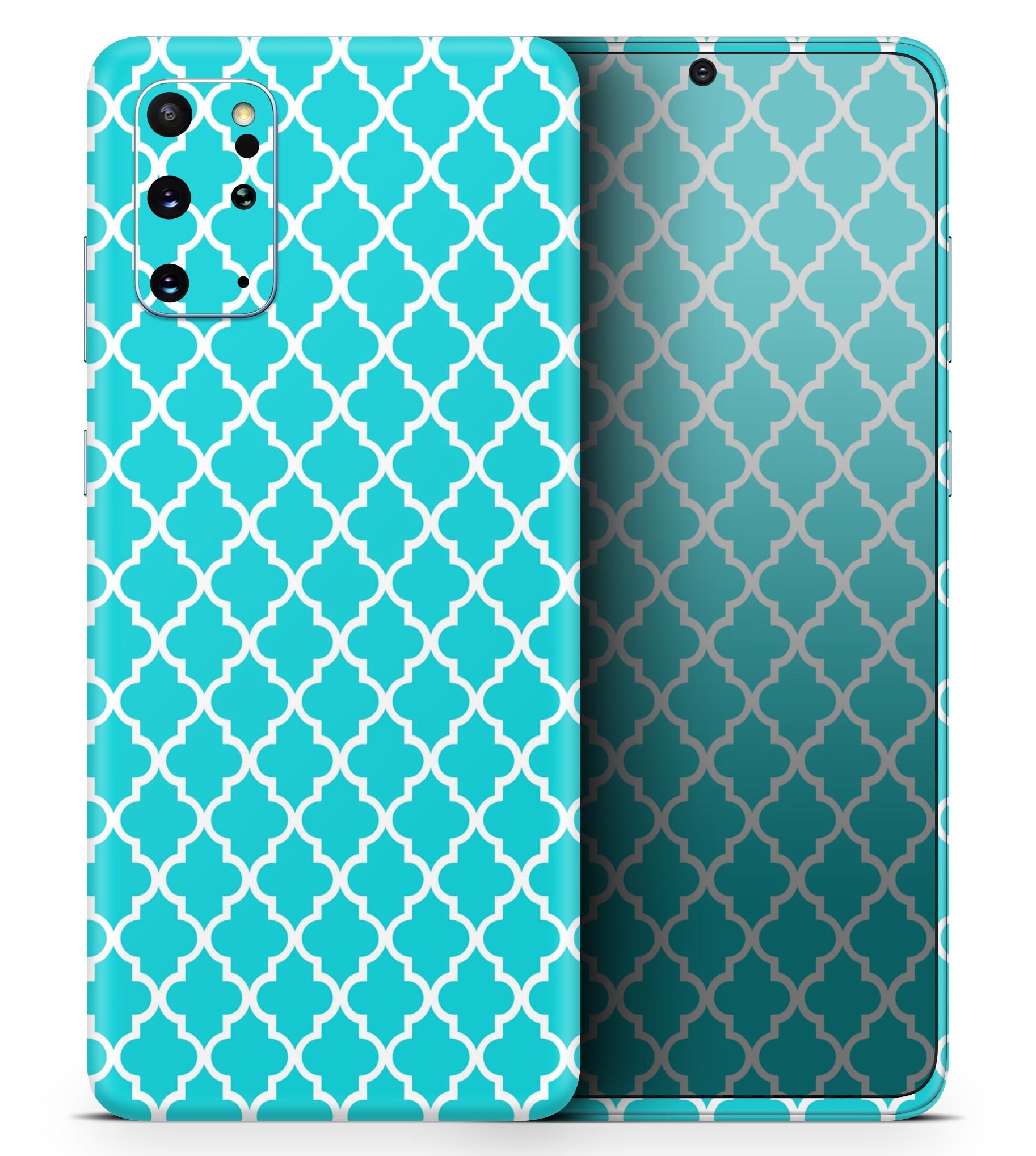 Morocan Teal Pattern Skin-Kit for Samsung Galaxy S20, showcasing vibrant teal design on a sleek device.