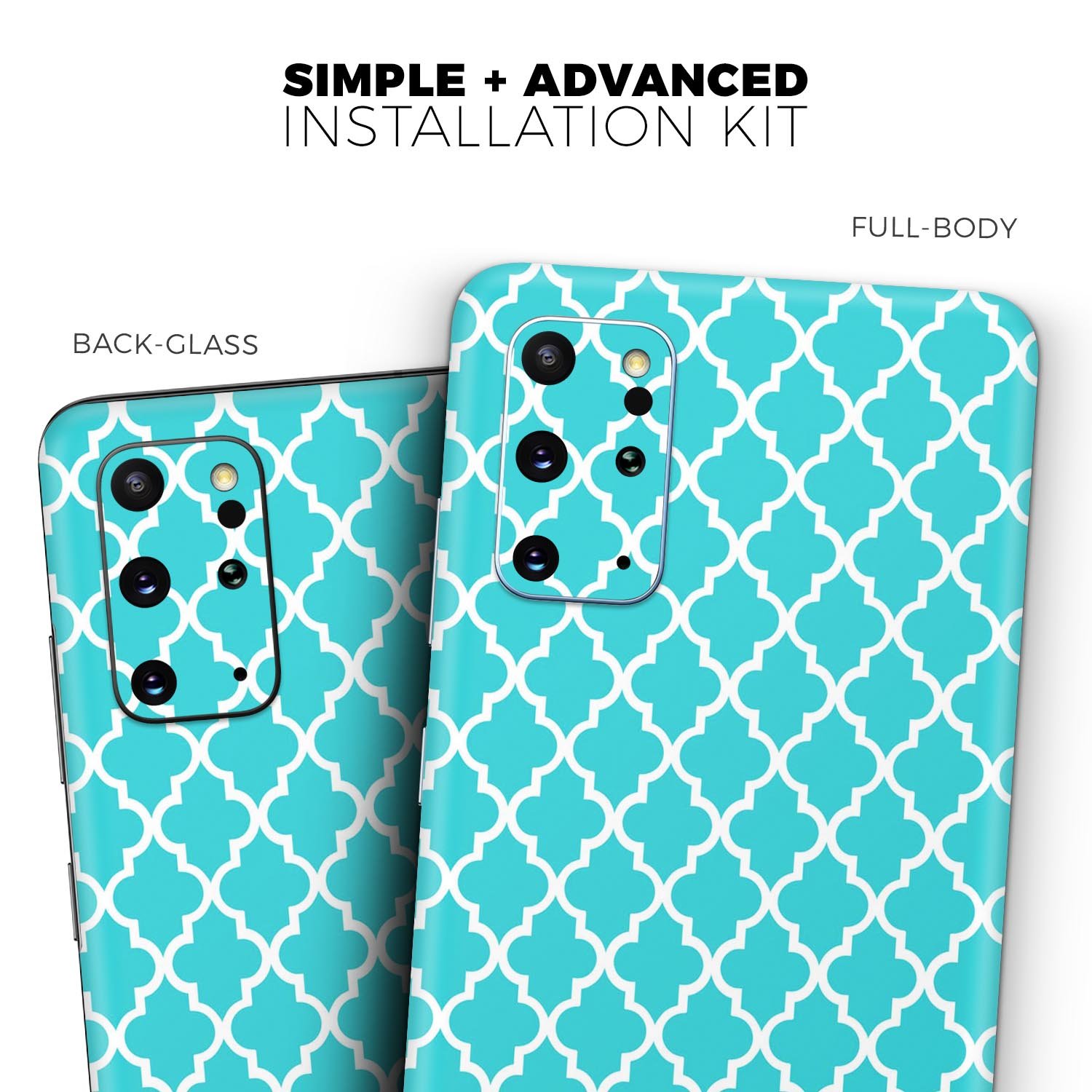 Morocan Teal Pattern Skin-Kit for Samsung Galaxy S20, showcasing vibrant teal design on a sleek device.