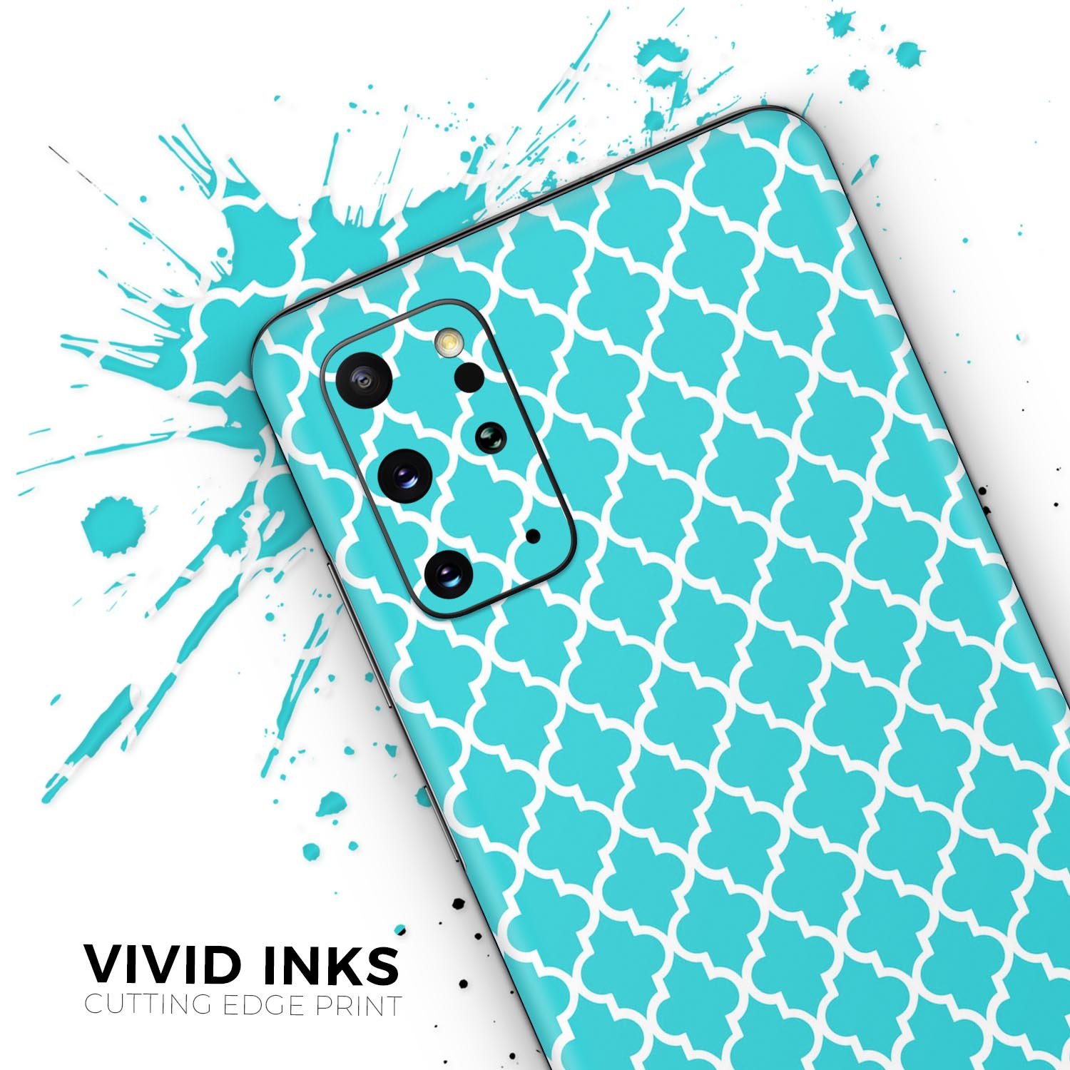 Morocan Teal Pattern Skin-Kit for Samsung Galaxy S20, showcasing vibrant teal design on a sleek device.