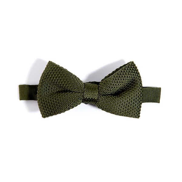 Moss green knitted bow tie displayed on a white background, showcasing its texture and dimensions.