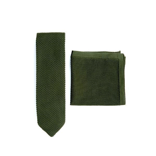 Moss green knitted tie and pocket square set displayed elegantly, showcasing the texture and color.