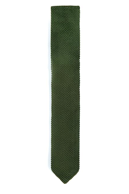 A stylish moss green knitted tie with a pointed end, made from durable polyester, perfect for formal occasions.