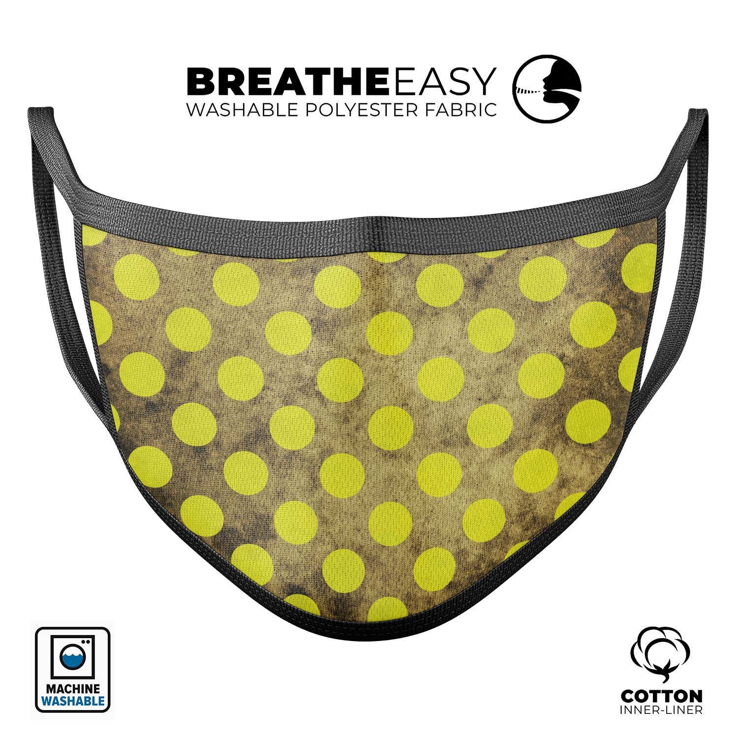 Mottled Black and Yellow Polkadots reusable mouth cover, showcasing its vibrant design and adjustable ear-loop bands.