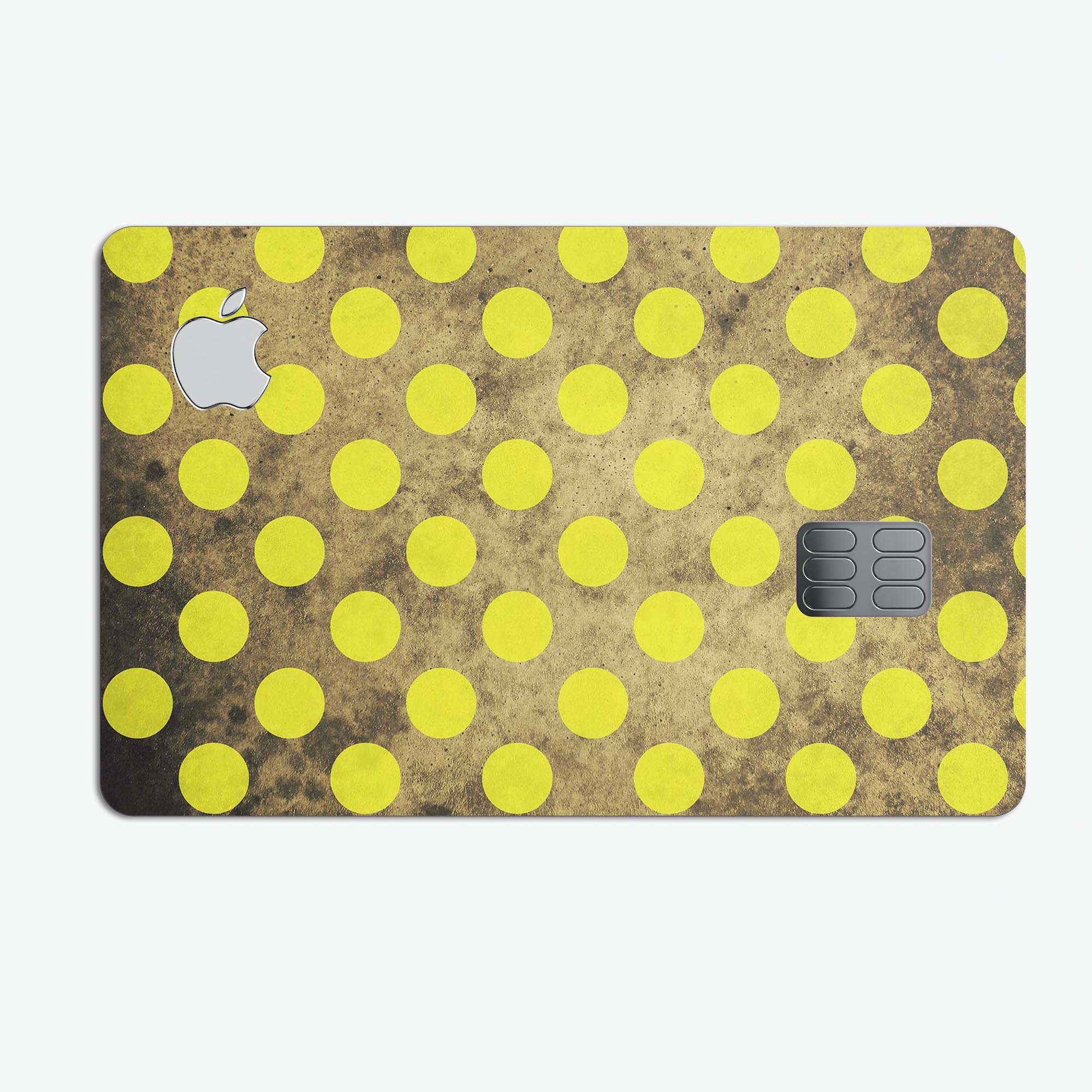 Mottled Black and Yellow Polkadots skin kit for Apple Card, showcasing its vibrant design and premium quality.