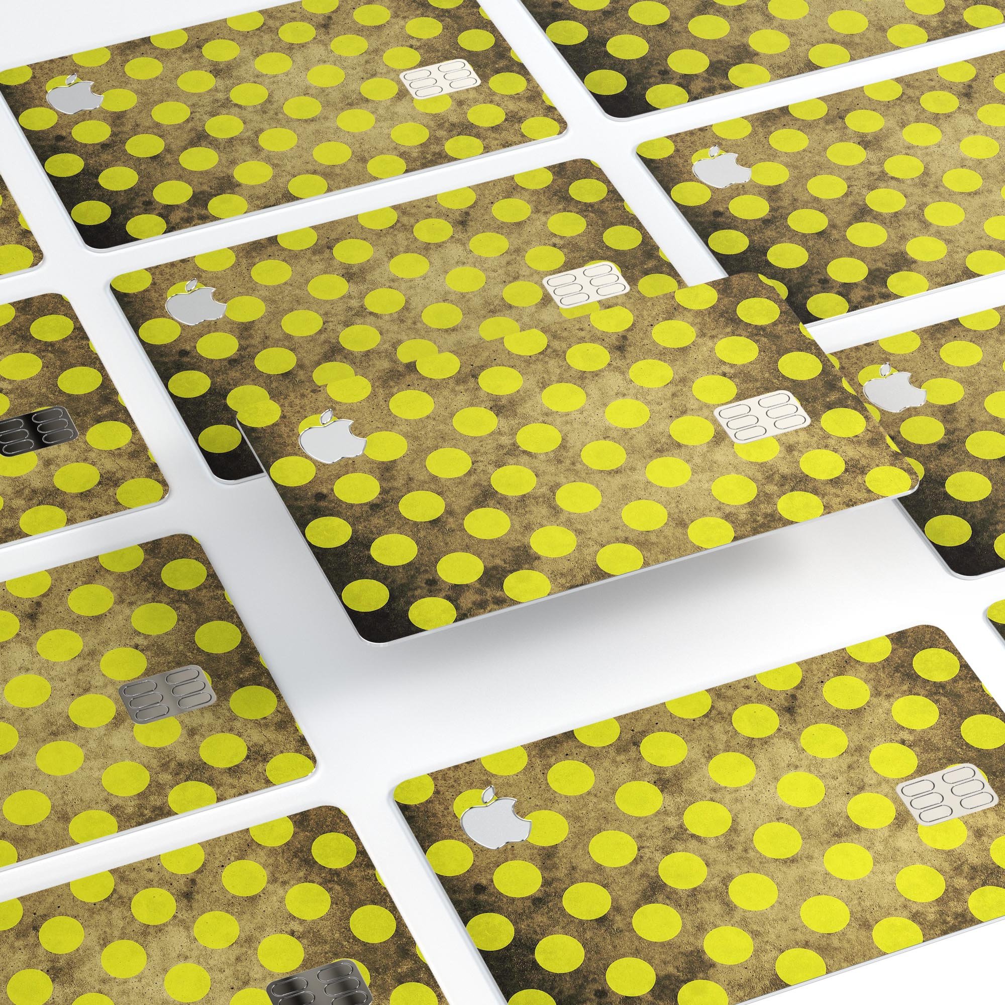 Mottled Black and Yellow Polkadots skin kit for Apple Card, showcasing its vibrant design and premium quality.