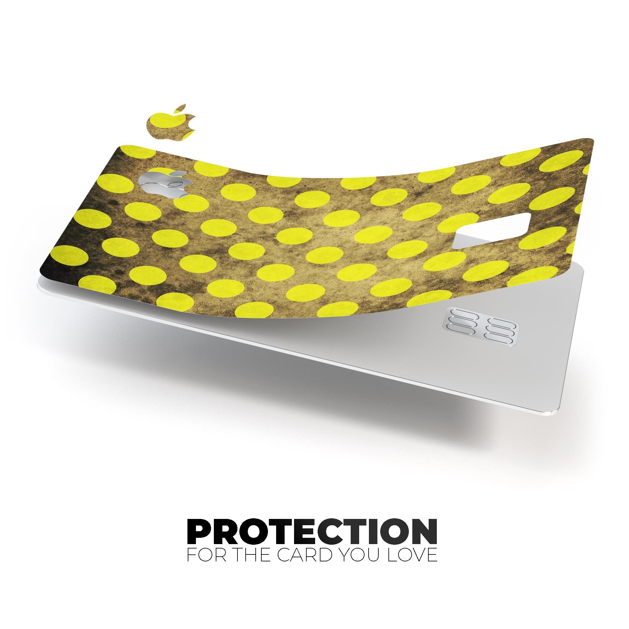 Mottled Black and Yellow Polkadots skin kit for Apple Card, showcasing its vibrant design and premium quality.