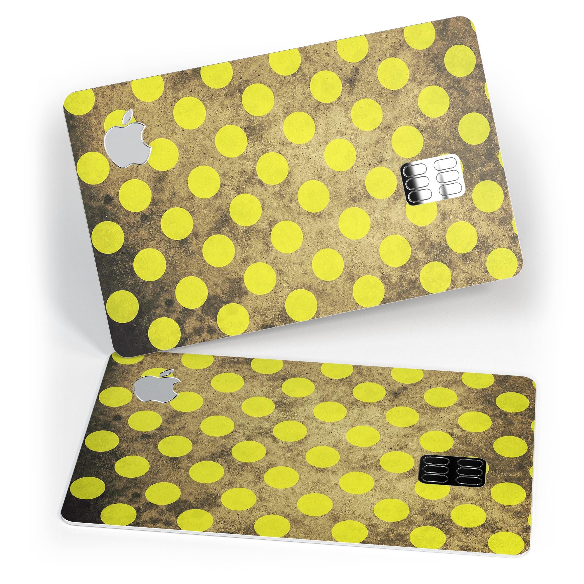 Mottled Black and Yellow Polkadots skin kit for Apple Card, showcasing its vibrant design and premium quality.