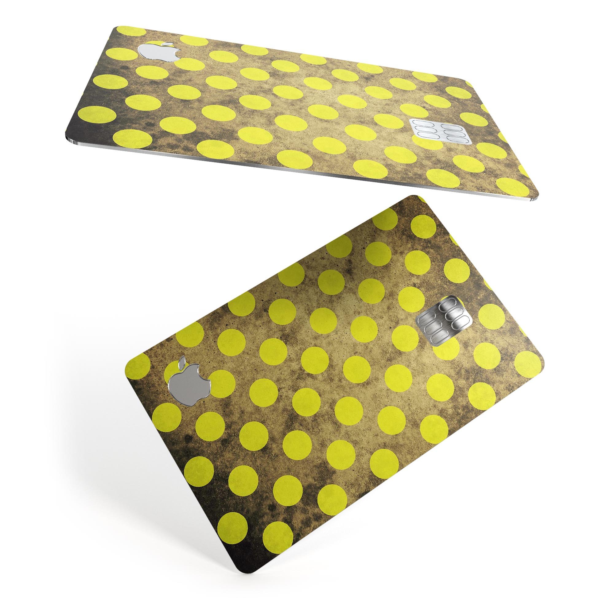 Mottled Black and Yellow Polkadots skin kit for Apple Card, showcasing its vibrant design and premium quality.