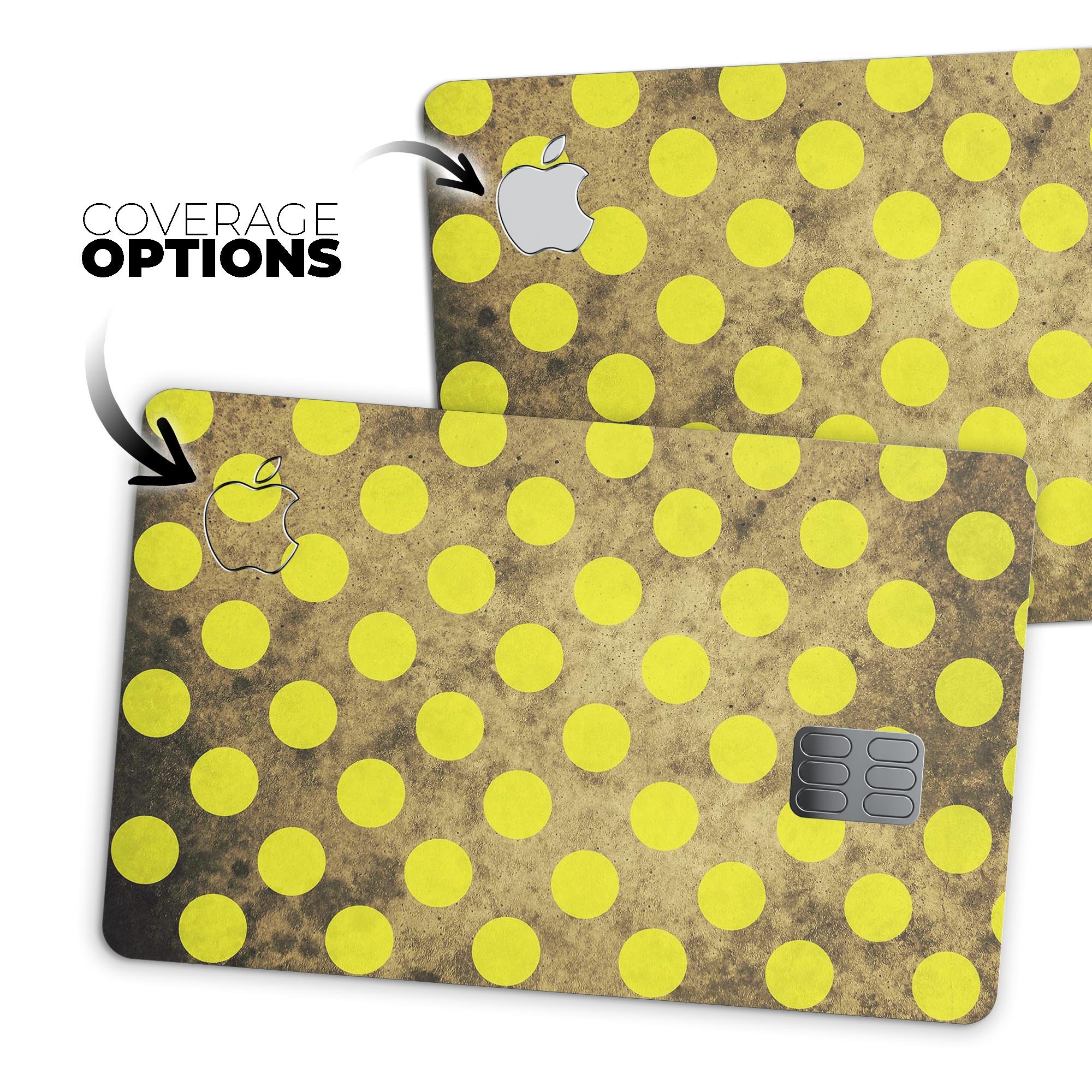 Mottled Black and Yellow Polkadots skin kit for Apple Card, showcasing its vibrant design and premium quality.