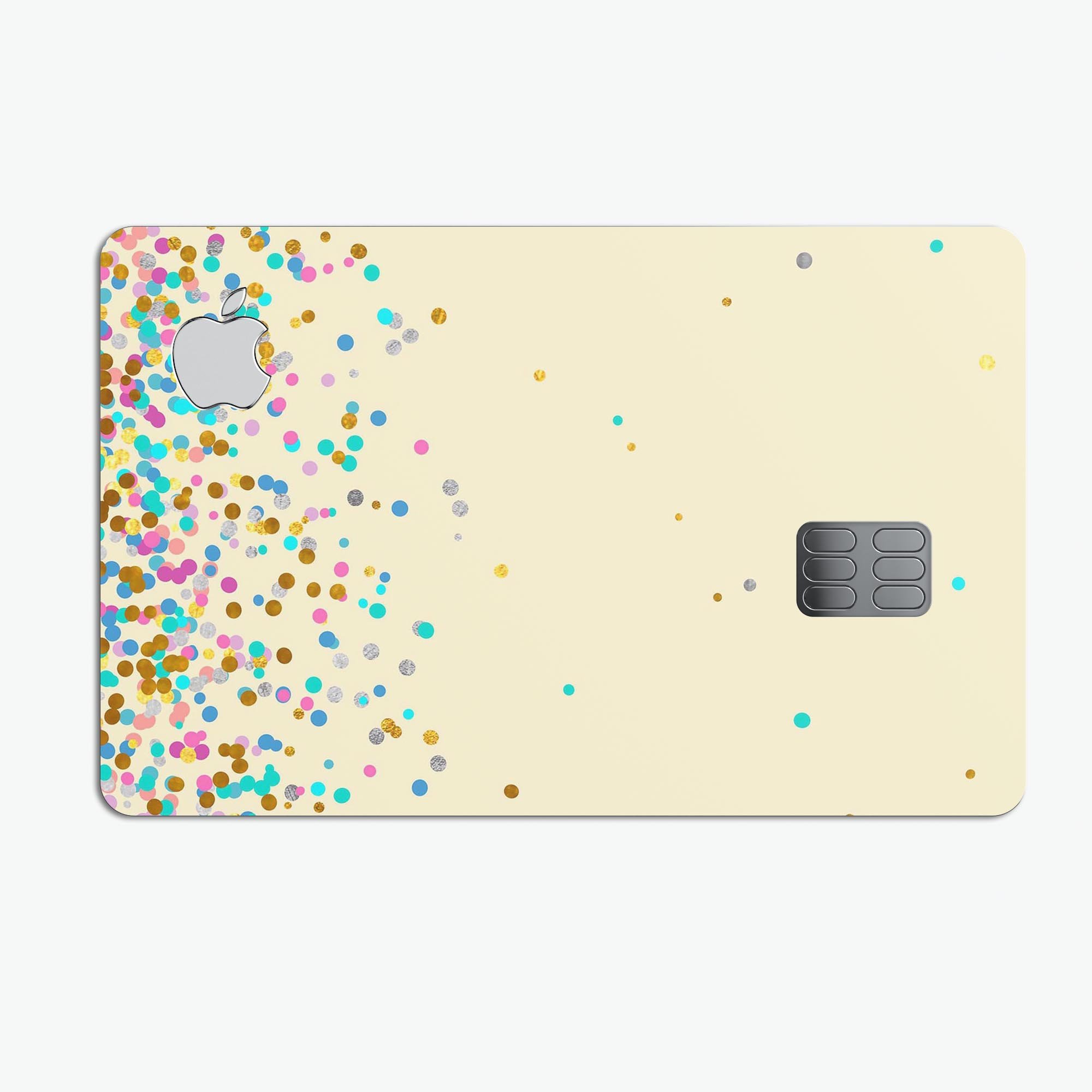 Multicolor Falling Confetti decal on an off-white background, designed for Apple Card protection.