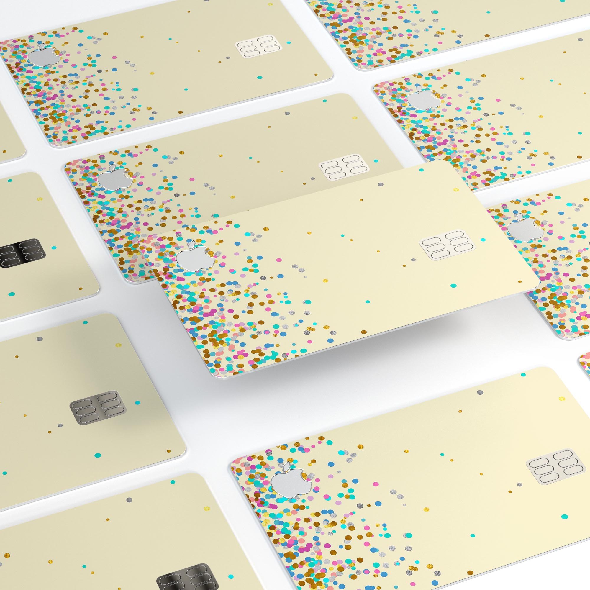 Multicolor Falling Confetti decal on an off-white background, designed for Apple Card protection.