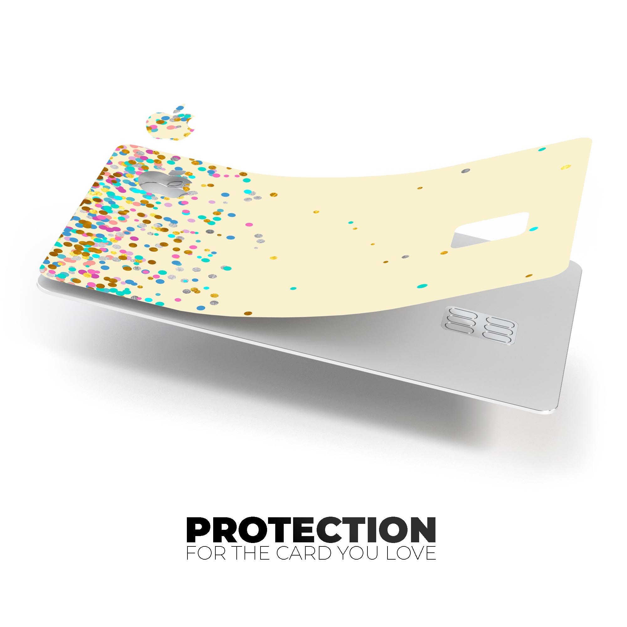 Multicolor Falling Confetti decal on an off-white background, designed for Apple Card protection.