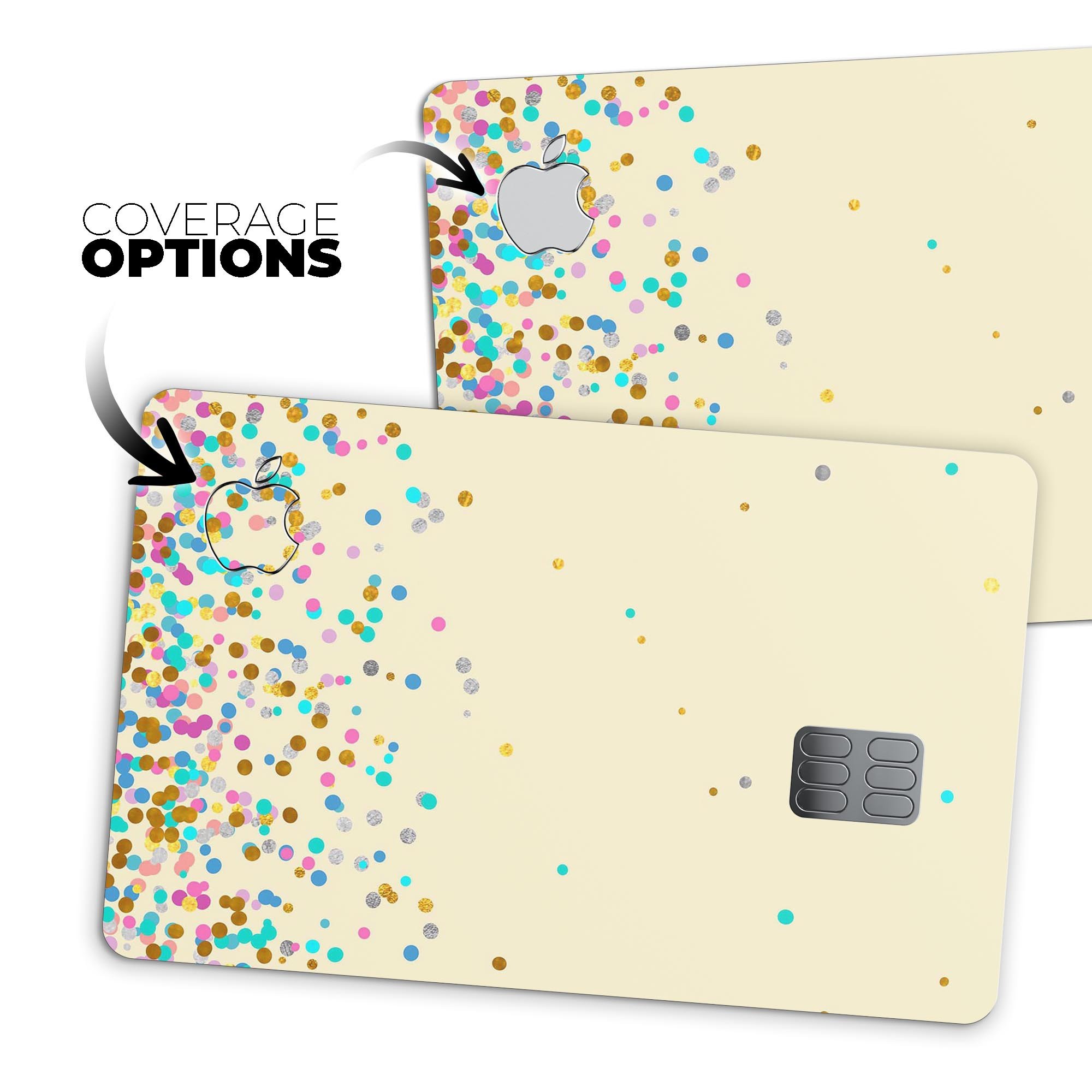 Multicolor Falling Confetti decal on an off-white background, designed for Apple Card protection.