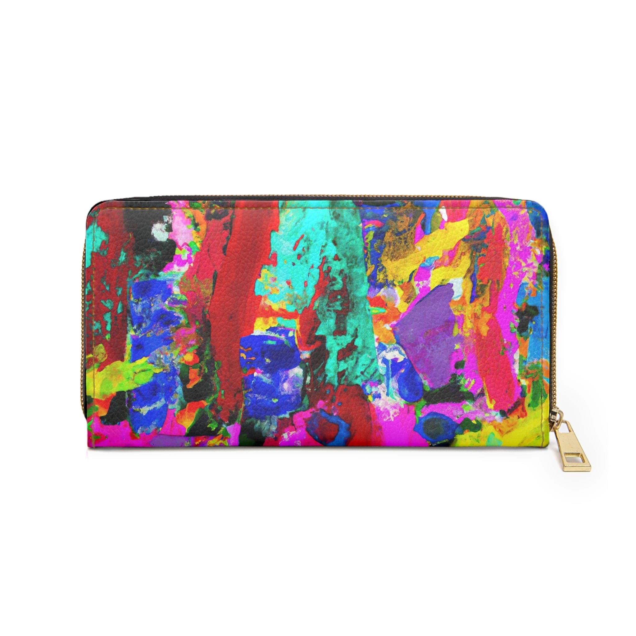 Multicolor abstract expression pattern women's zipper wallet clutch showcasing vibrant colors and stylish design.