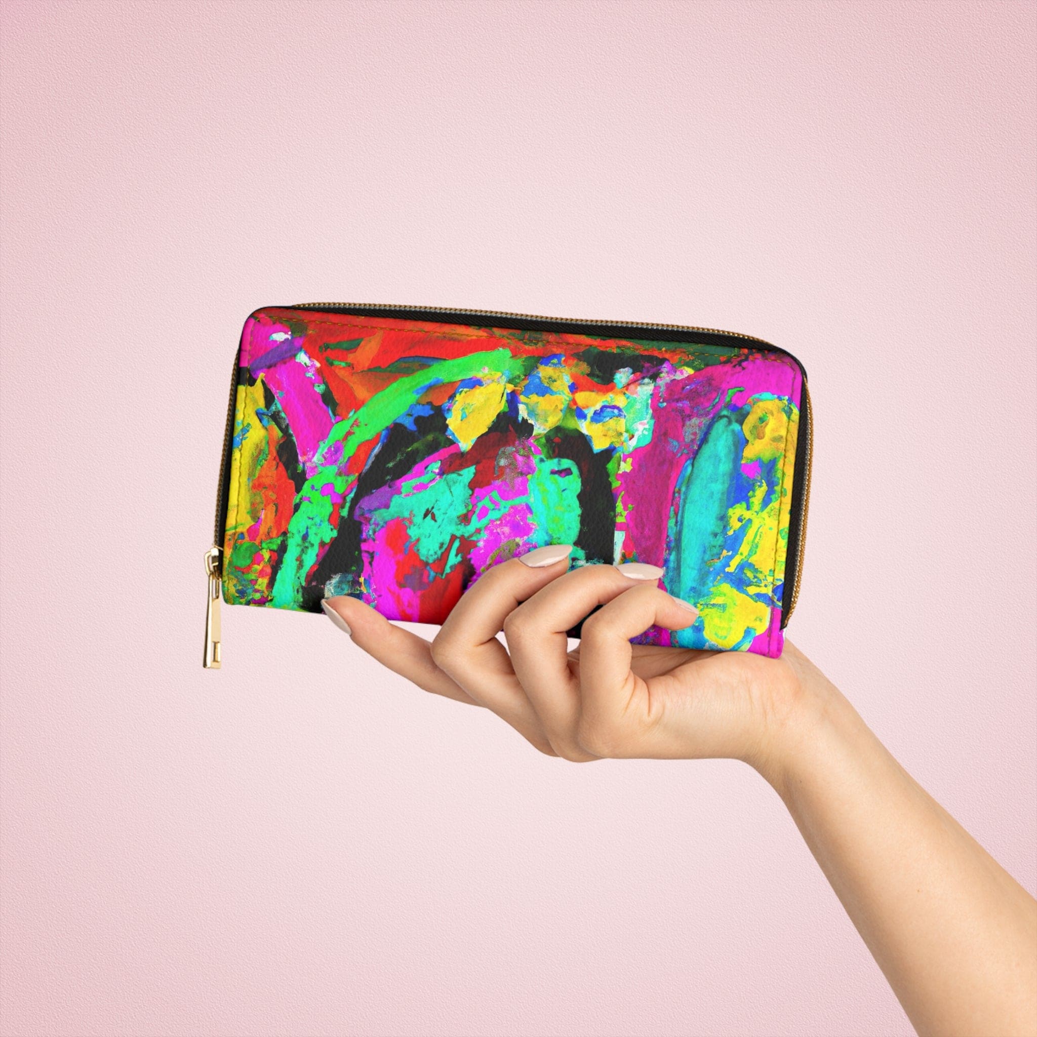 Multicolor abstract expression pattern women's zipper wallet clutch showcasing vibrant colors and stylish design.