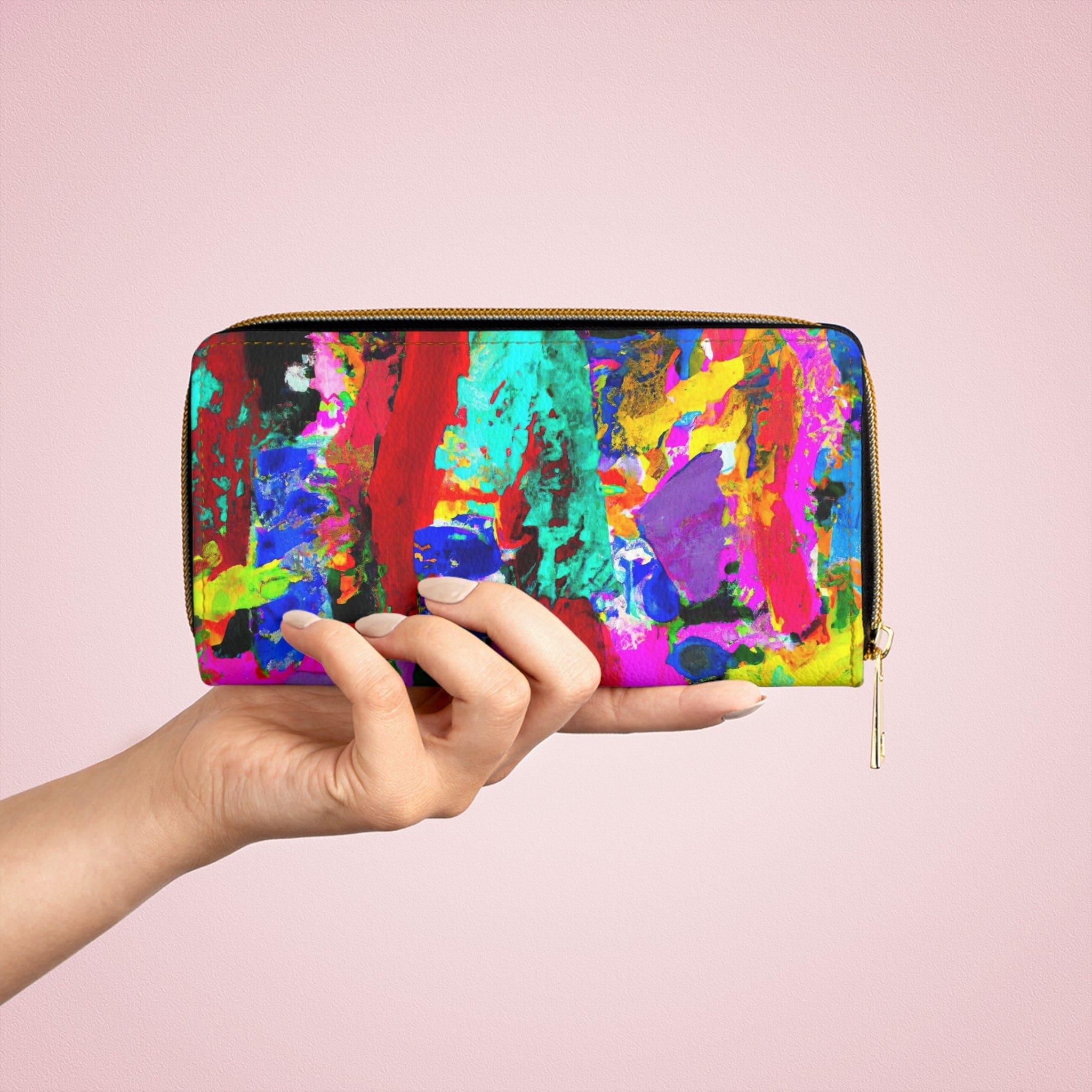 Multicolor abstract expression pattern women's zipper wallet clutch showcasing vibrant colors and stylish design.